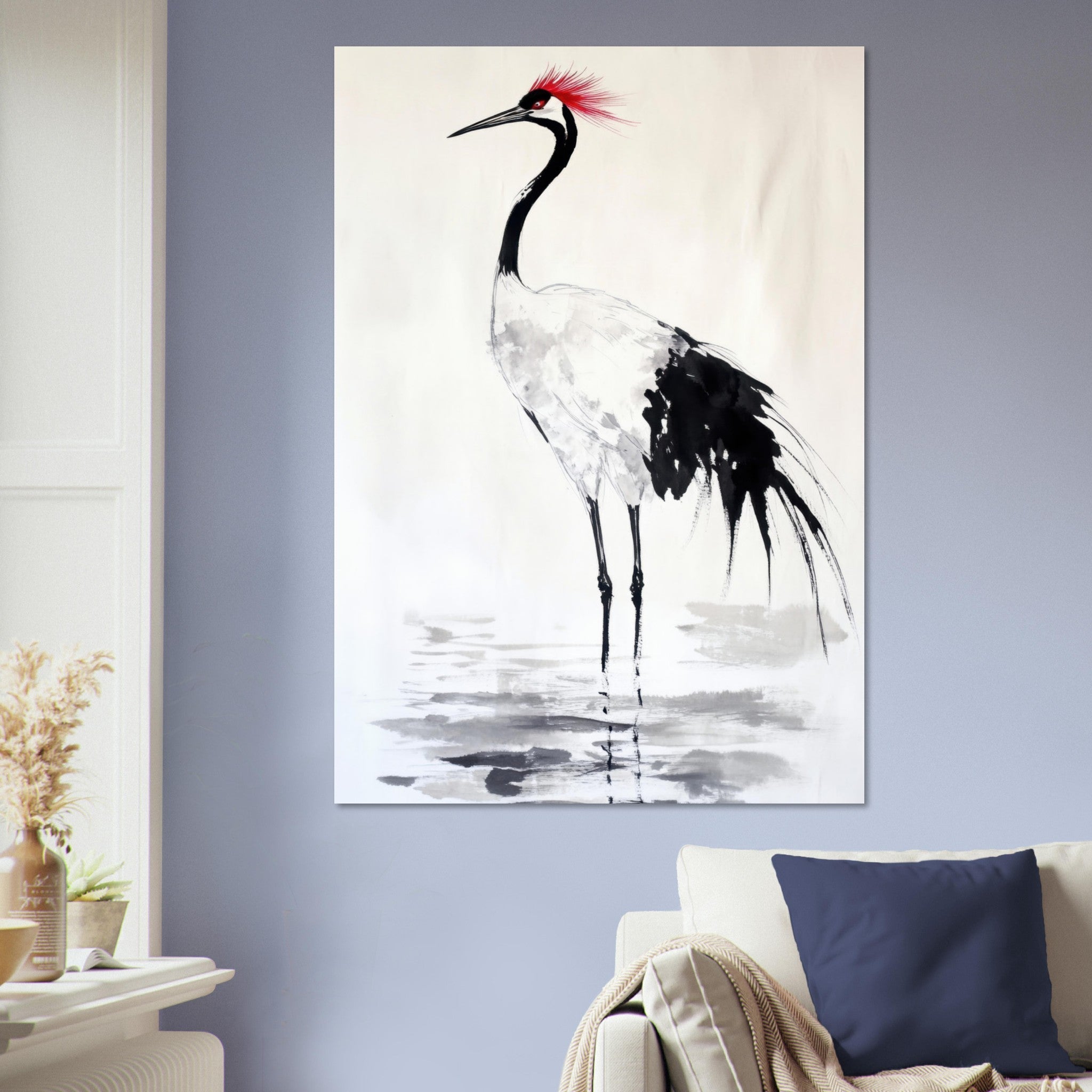 Aluminum Print Portrait - Japanese Ink Wash Painting of a Crane A graceful - Shop Ai Art WebShop - Digital Art online Store