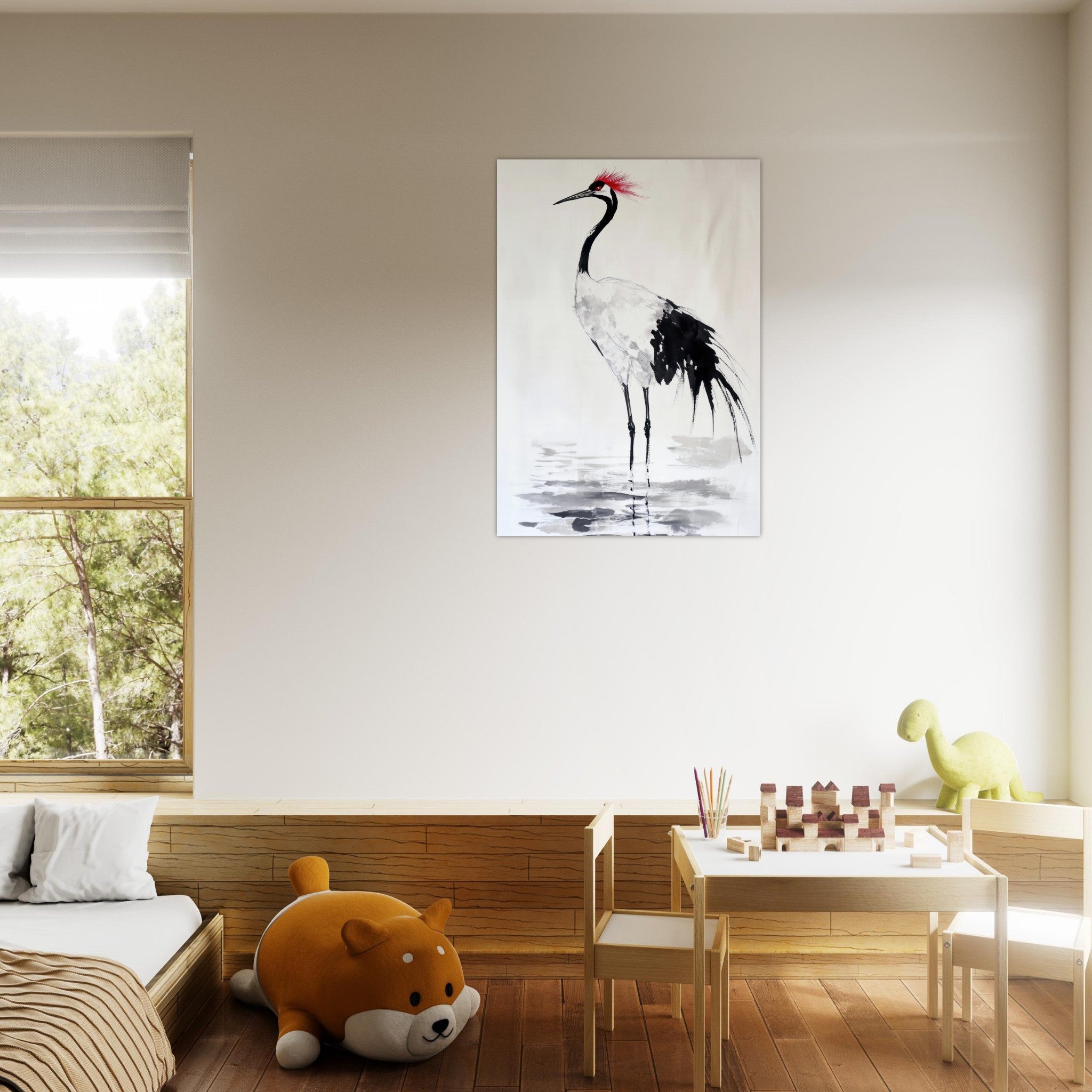 Aluminum Print Portrait - Japanese Ink Wash Painting of a Crane A graceful - Shop Ai Art WebShop - Digital Art online Store