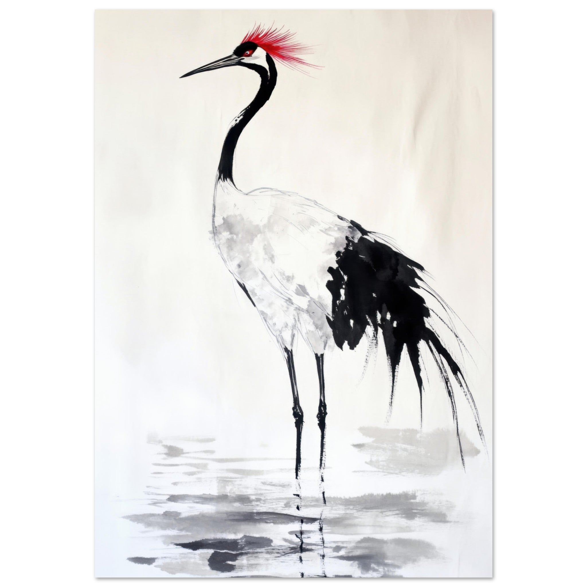 Aluminum Print Portrait - Japanese Ink Wash Painting of a Crane A graceful - Shop Ai Art WebShop - Digital Art online Store