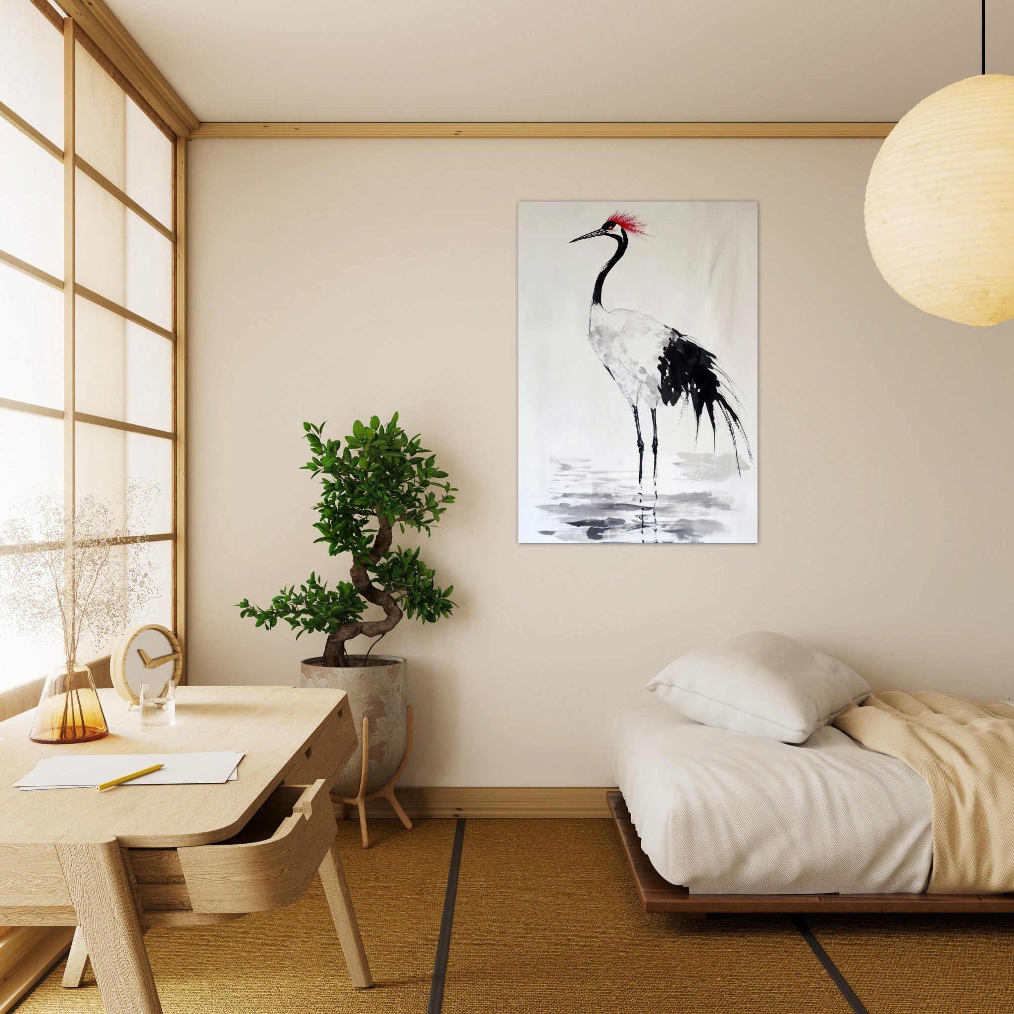 Aluminum Print Portrait - Japanese Ink Wash Painting of a Crane A graceful - Shop Ai Art WebShop - Digital Art online Store