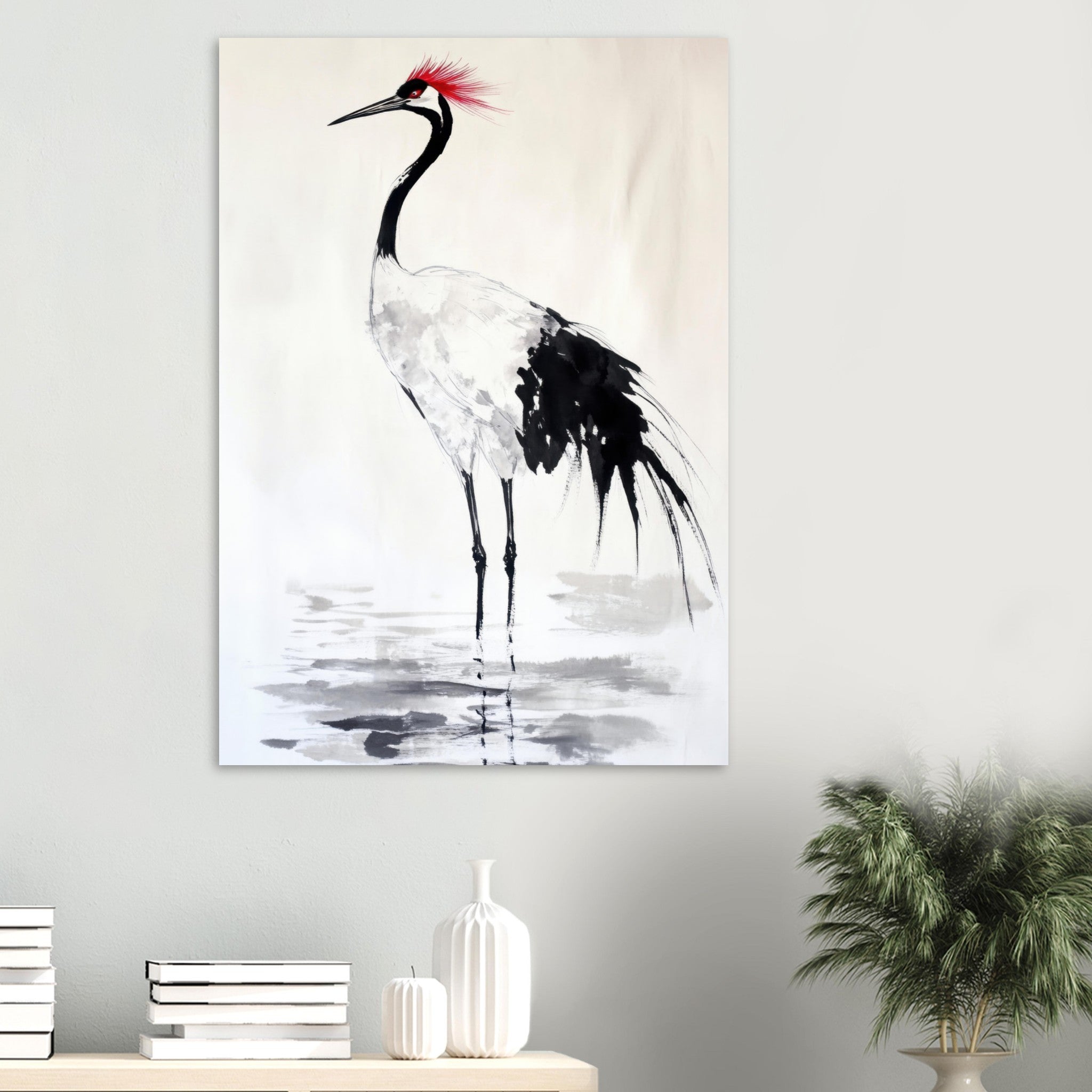 Aluminum Print Portrait - Japanese Ink Wash Painting of a Crane A graceful - Shop Ai Art WebShop - Digital Art online Store