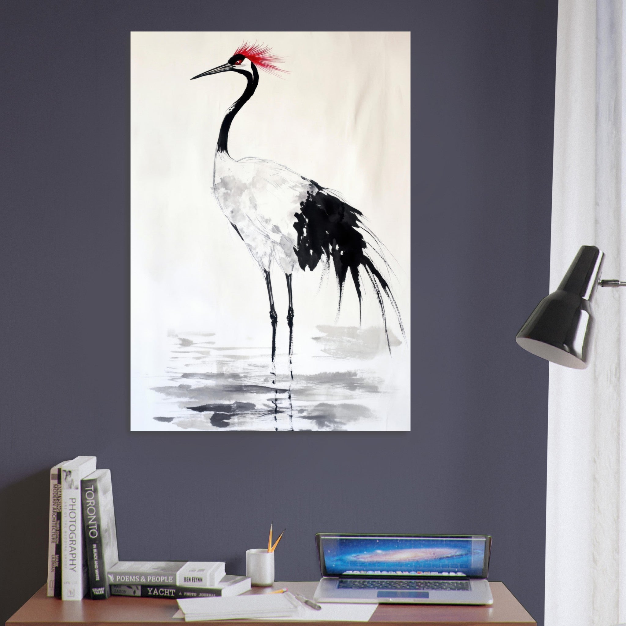 Aluminum Print Portrait - Japanese Ink Wash Painting of a Crane A graceful - Shop Ai Art WebShop - Digital Art online Store
