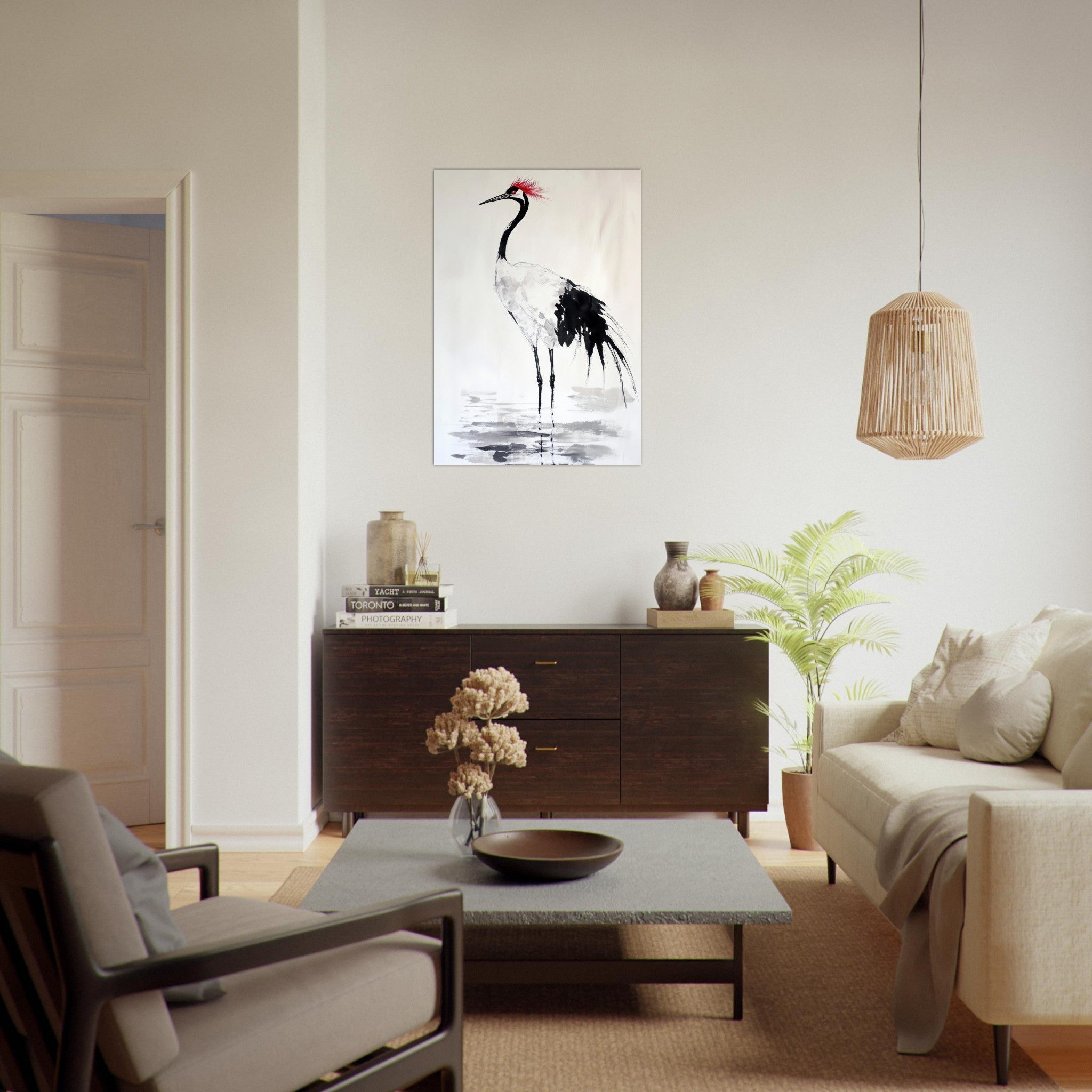 Aluminum Print Portrait - Japanese Ink Wash Painting of a Crane A graceful - Shop Ai Art WebShop - Digital Art online Store