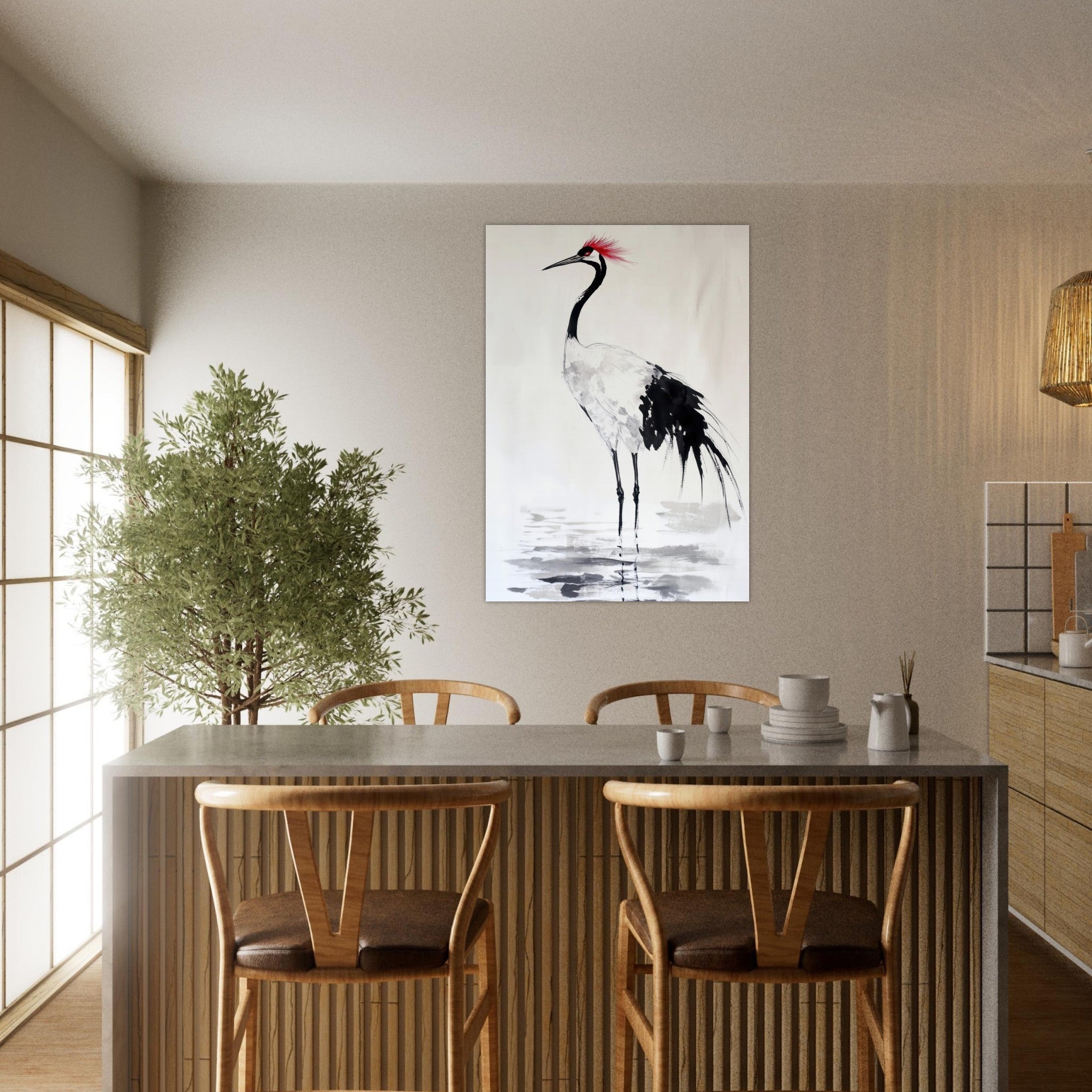 Aluminum Print Portrait - Japanese Ink Wash Painting of a Crane A graceful - Shop Ai Art WebShop - Digital Art online Store