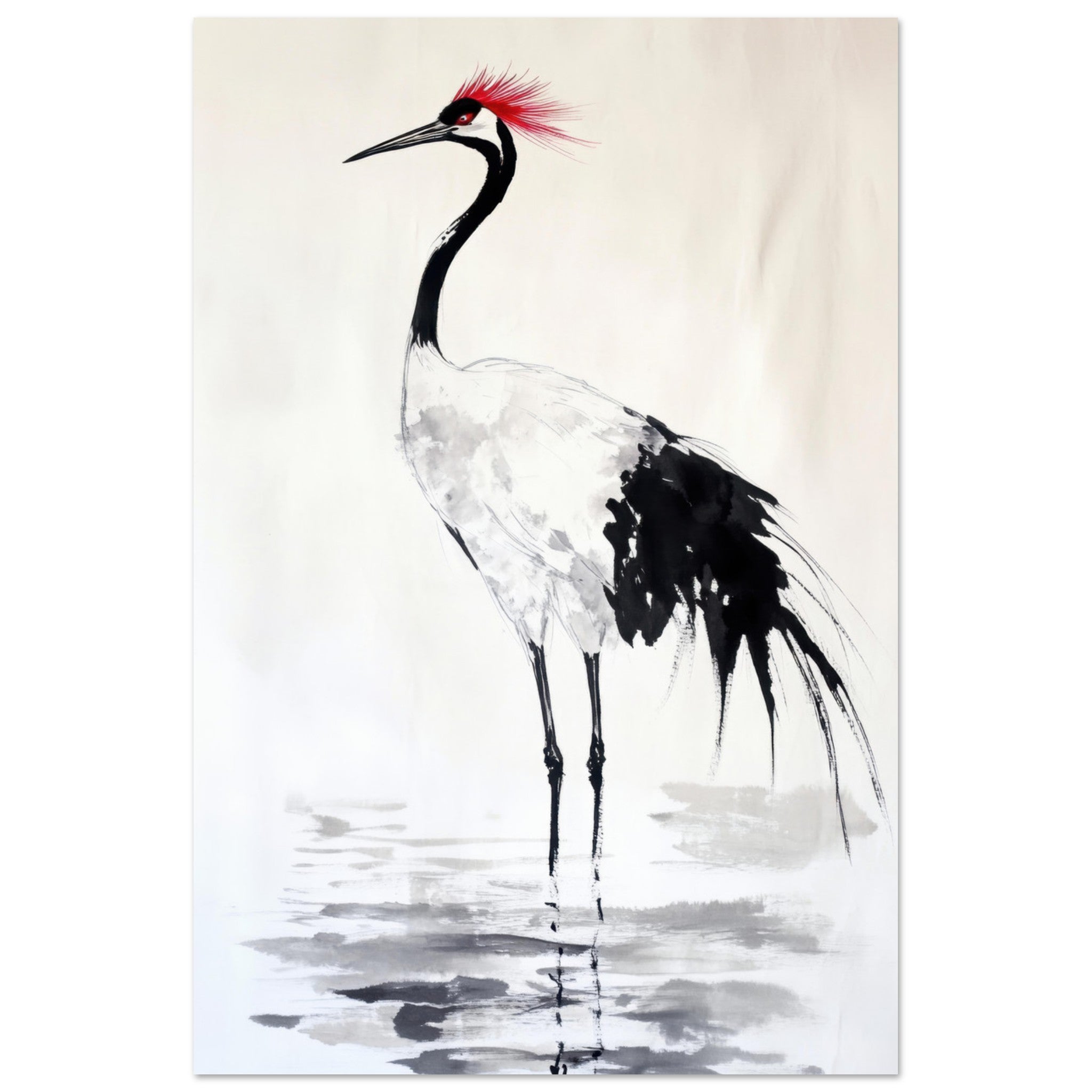Aluminum Print Portrait - Japanese Ink Wash Painting of a Crane A graceful - Shop Ai Art WebShop - Digital Art online Store