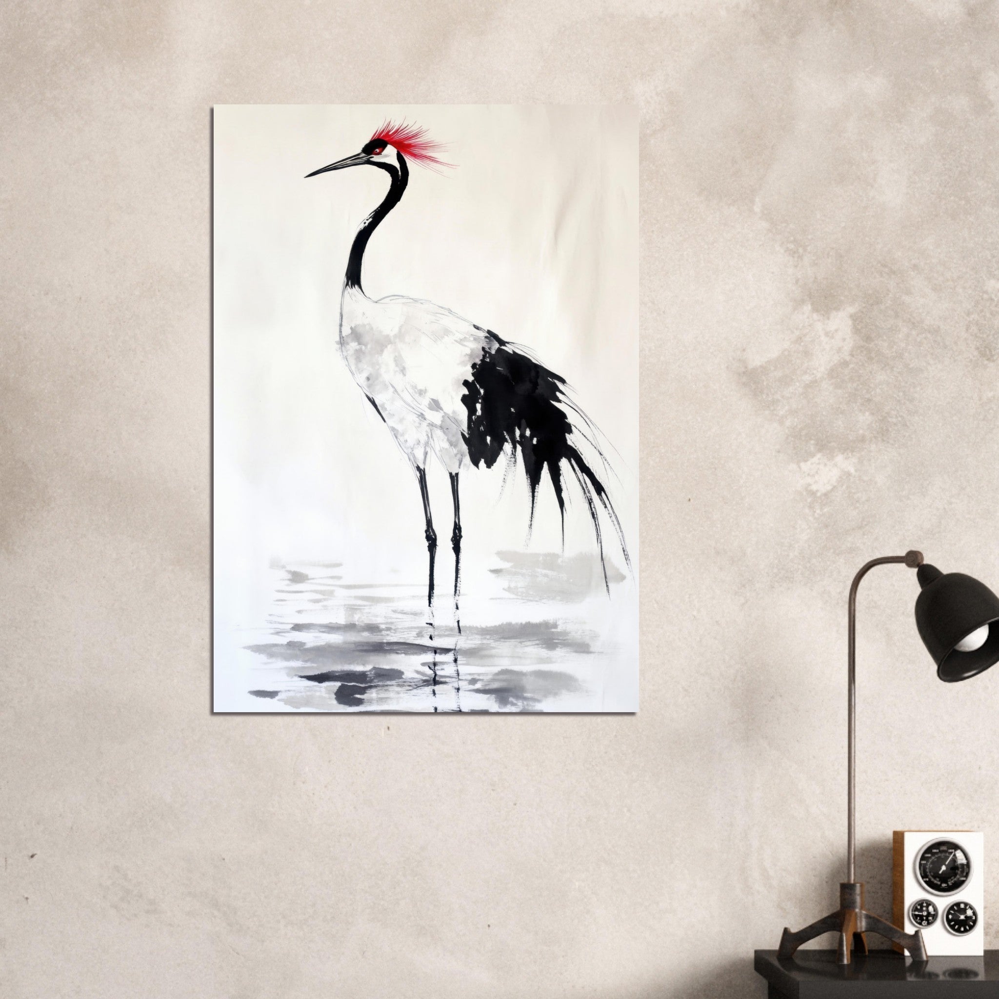 Aluminum Print Portrait - Japanese Ink Wash Painting of a Crane A graceful - Shop Ai Art WebShop - Digital Art online Store