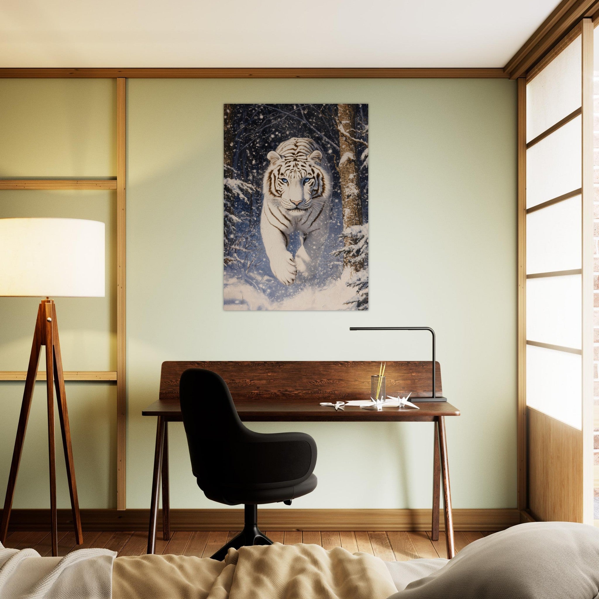 Aluminum Print Portrait - Majestic White Tiger in a Snowy Forest A powerful - Shop Ai Art WebShop - Digital Art online Store