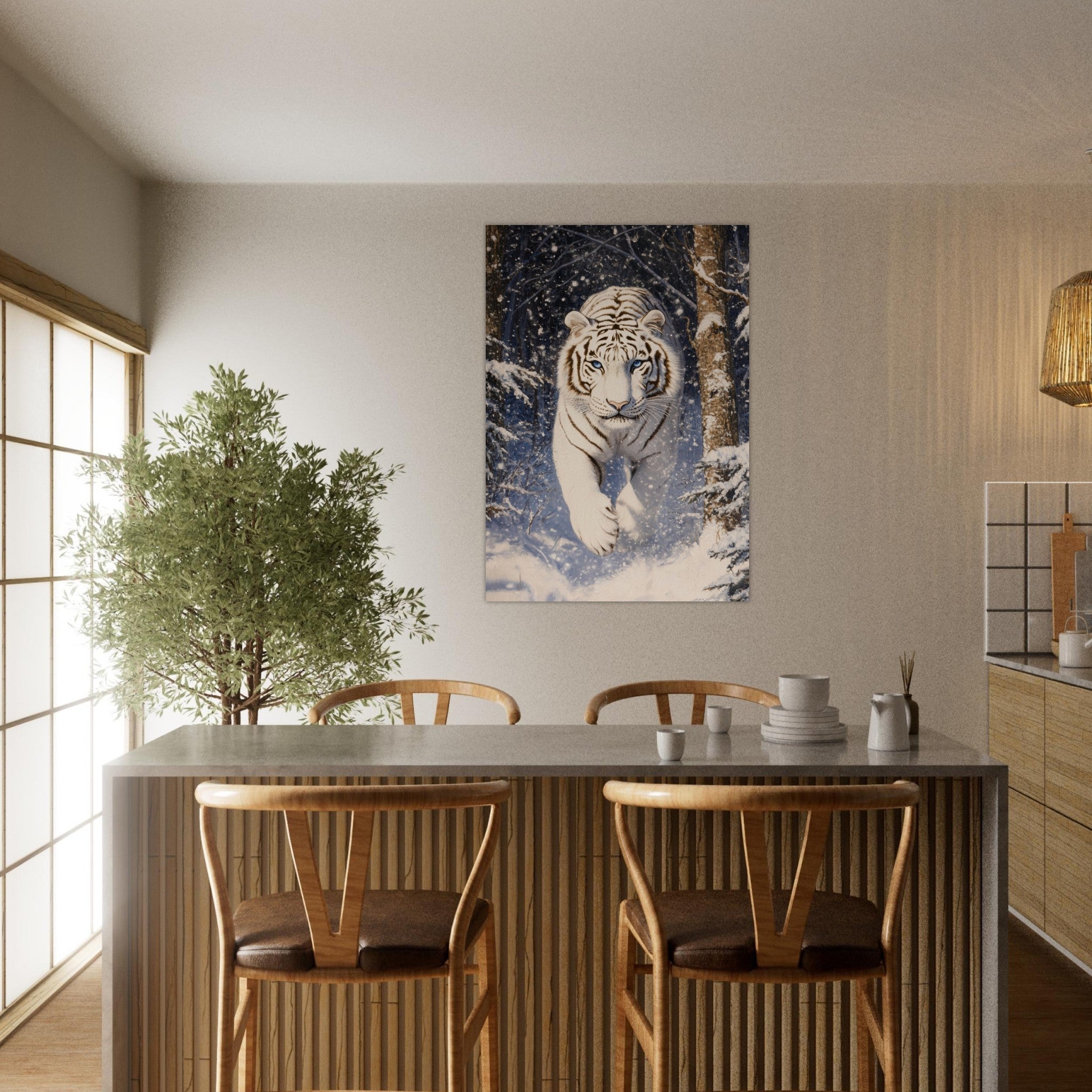 Aluminum Print Portrait - Majestic White Tiger in a Snowy Forest A powerful - Shop Ai Art WebShop - Digital Art online Store