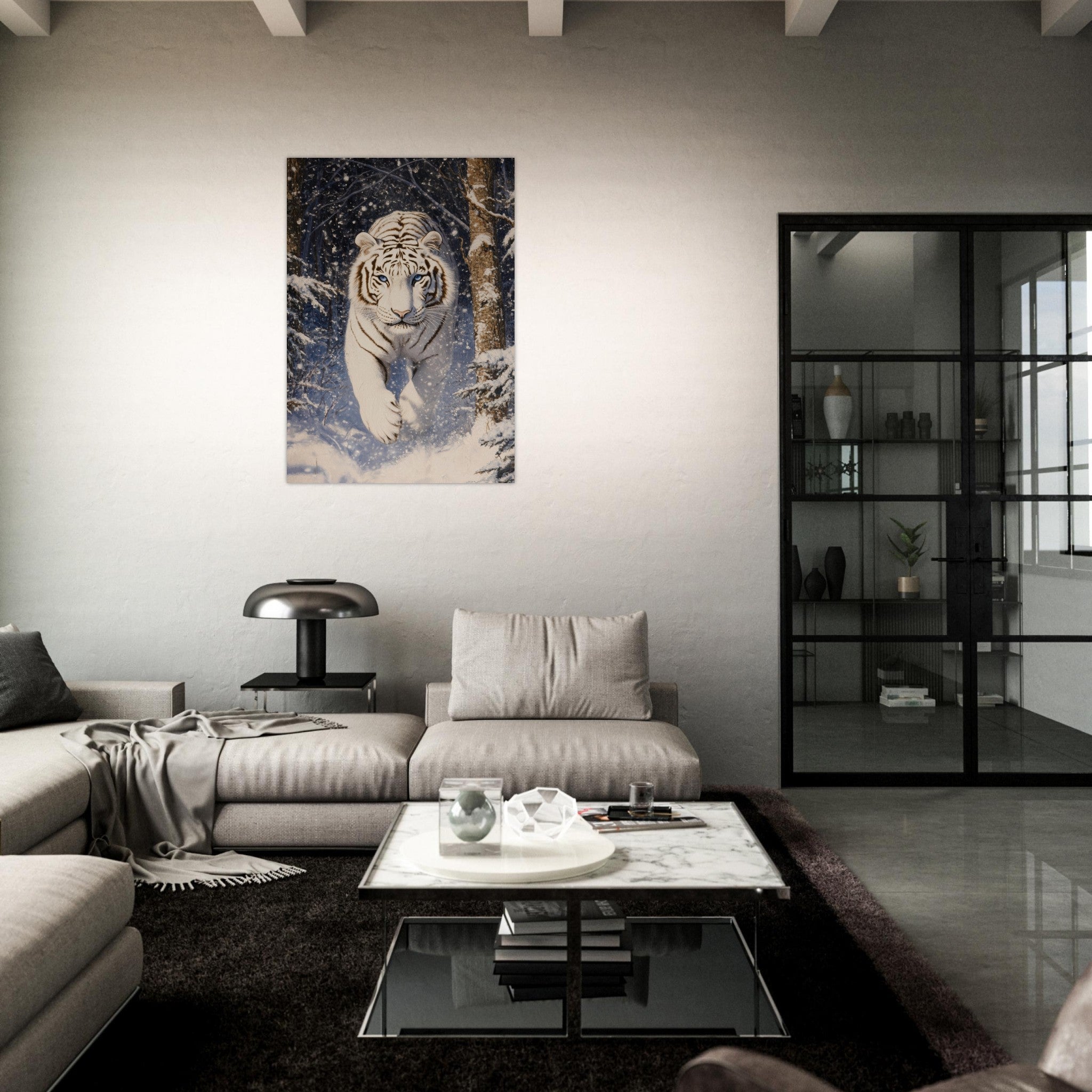 Aluminum Print Portrait - Majestic White Tiger in a Snowy Forest A powerful - Shop Ai Art WebShop - Digital Art online Store