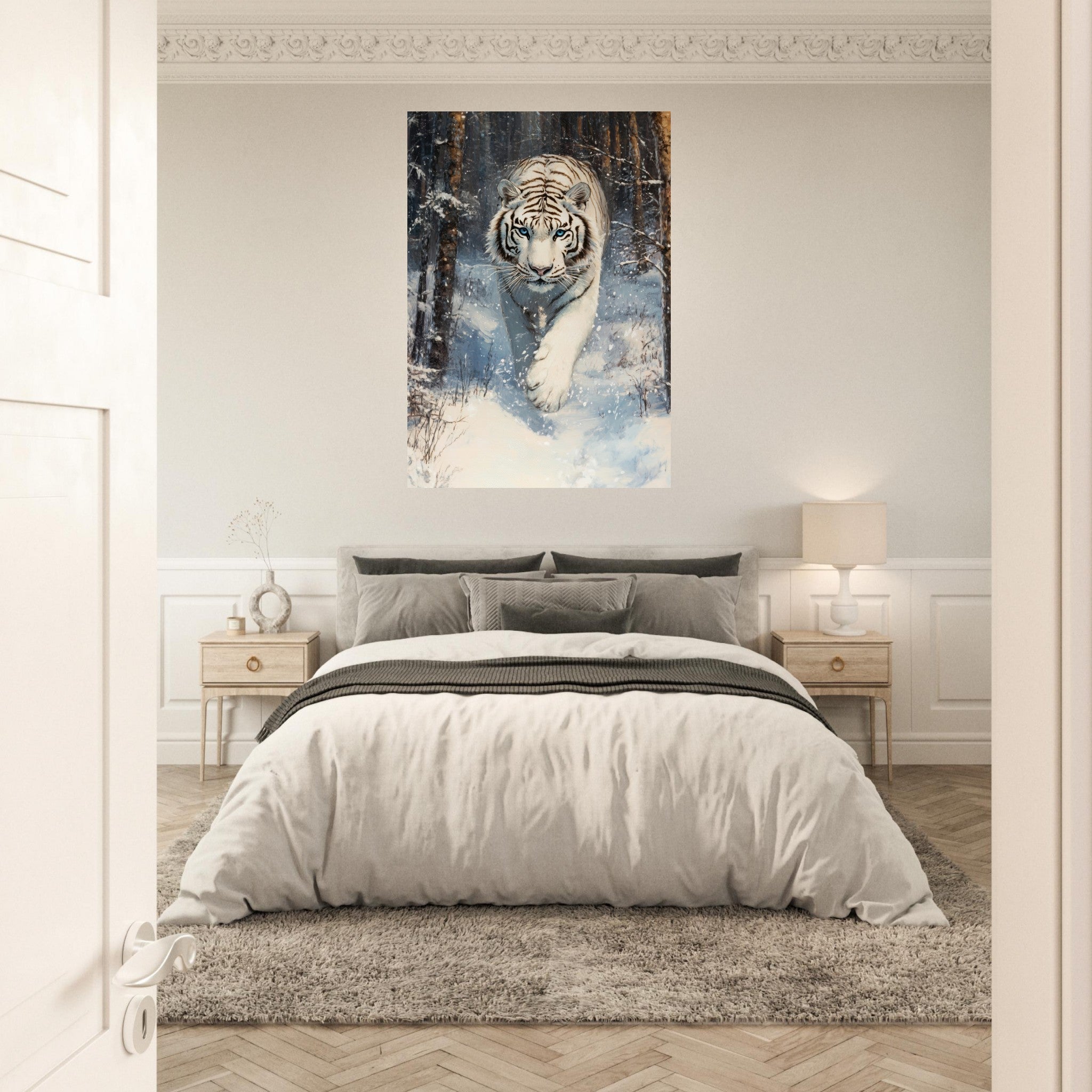 Aluminum Print Portrait - Majestic White Tiger in a Snowy Forest A powerful 2 - Shop Ai Art WebShop - Digital Art online Store
