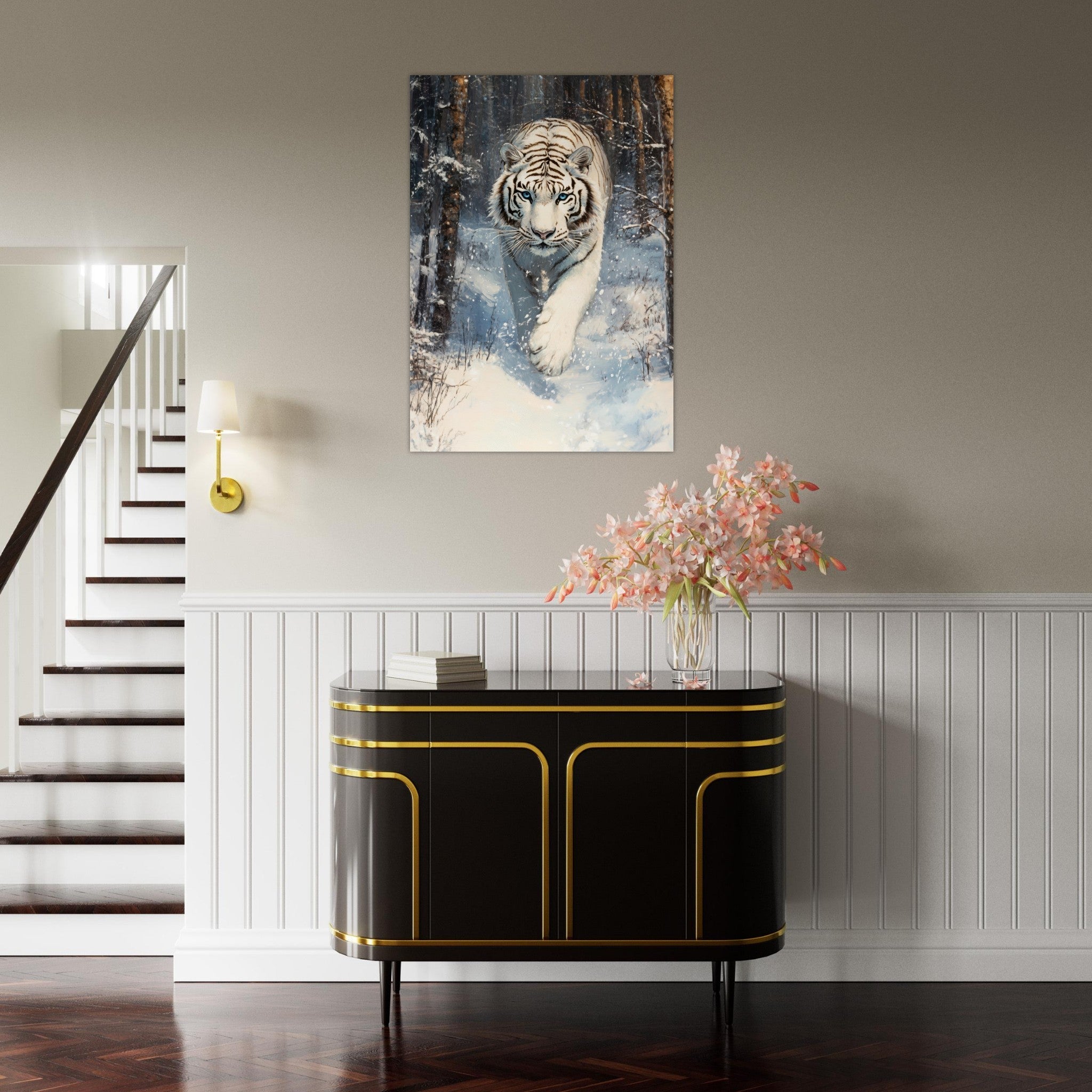 Aluminum Print Portrait - Majestic White Tiger in a Snowy Forest A powerful 2 - Shop Ai Art WebShop - Digital Art online Store