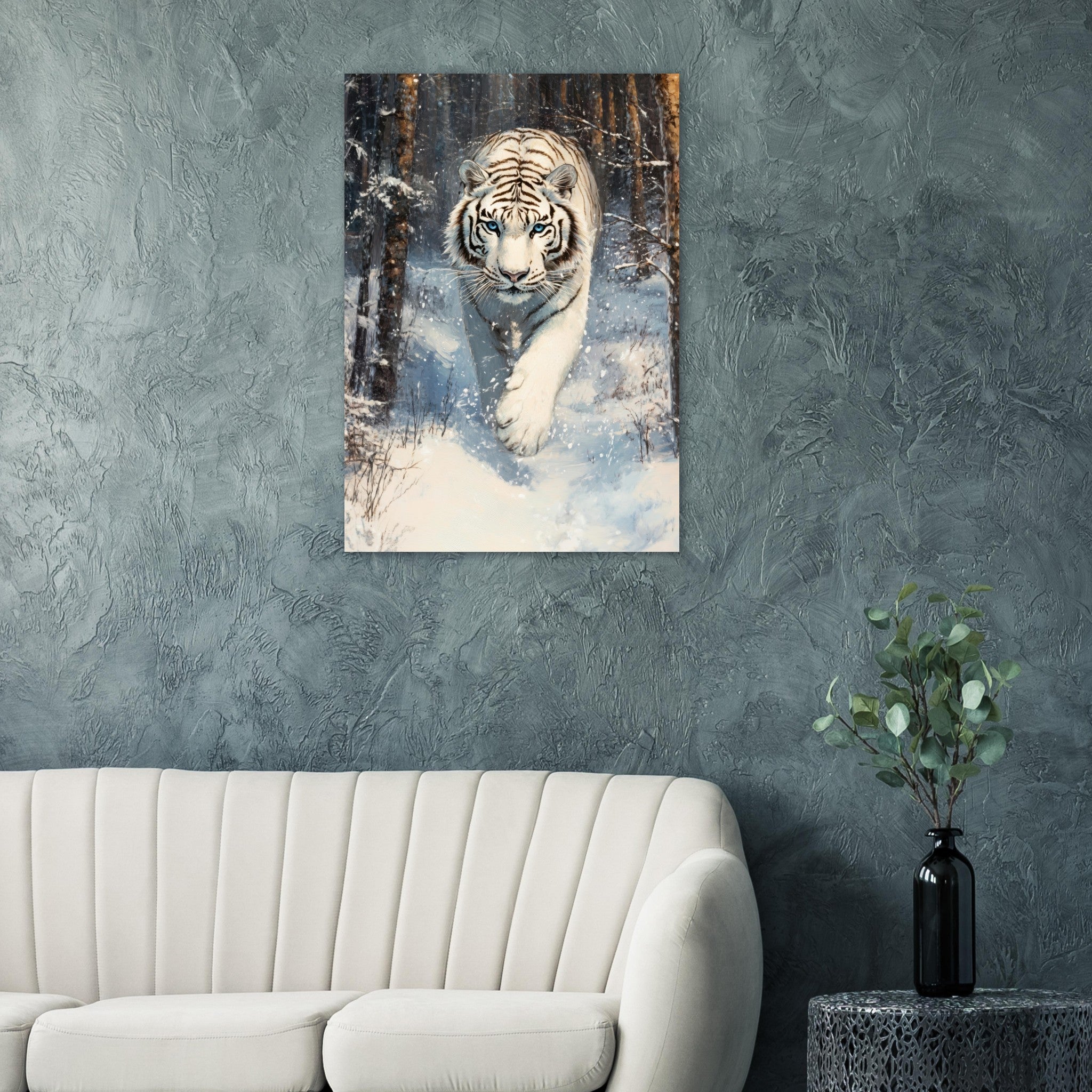 Aluminum Print Portrait - Majestic White Tiger in a Snowy Forest A powerful 2 - Shop Ai Art WebShop - Digital Art online Store