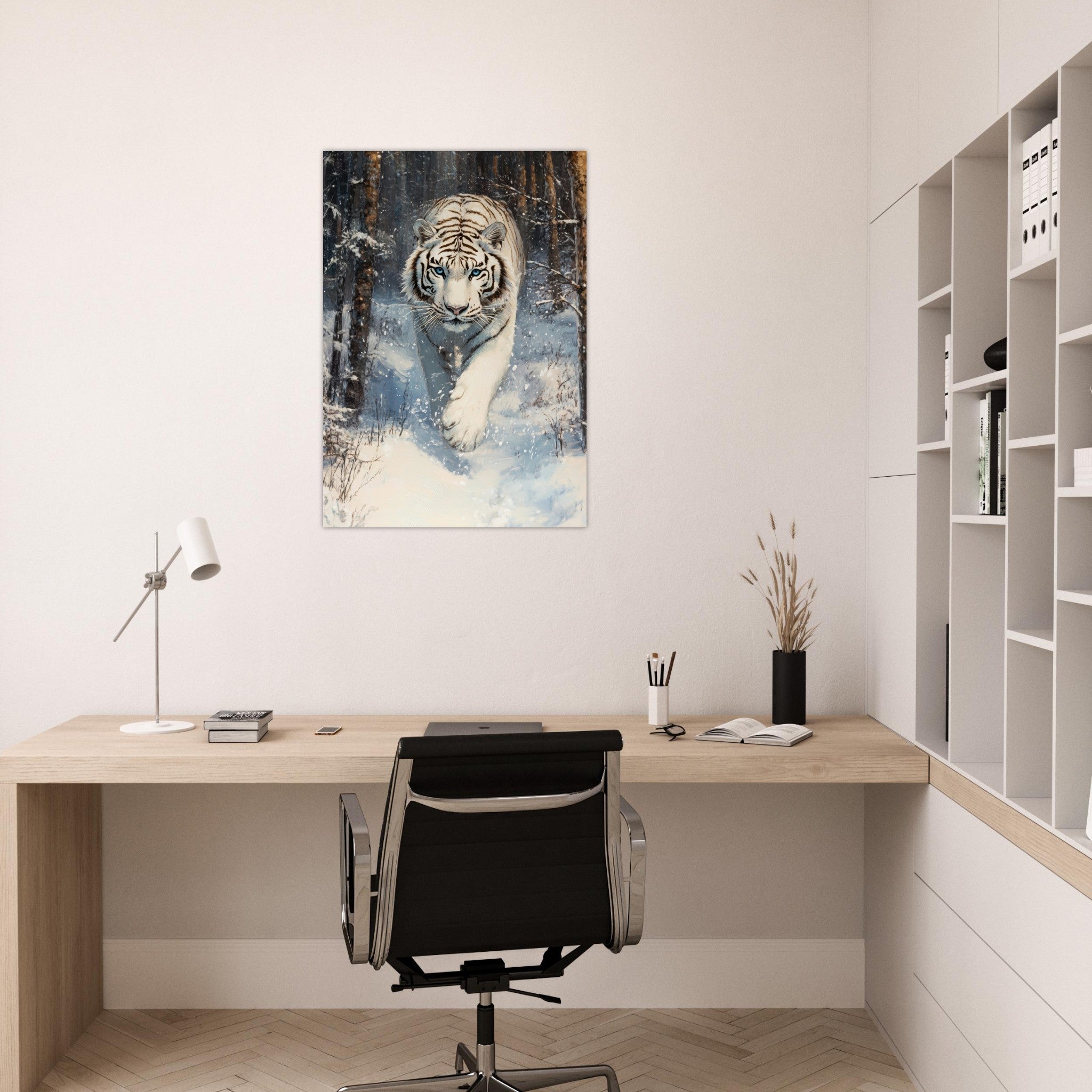 Aluminum Print Portrait - Majestic White Tiger in a Snowy Forest A powerful 2 - Shop Ai Art WebShop - Digital Art online Store