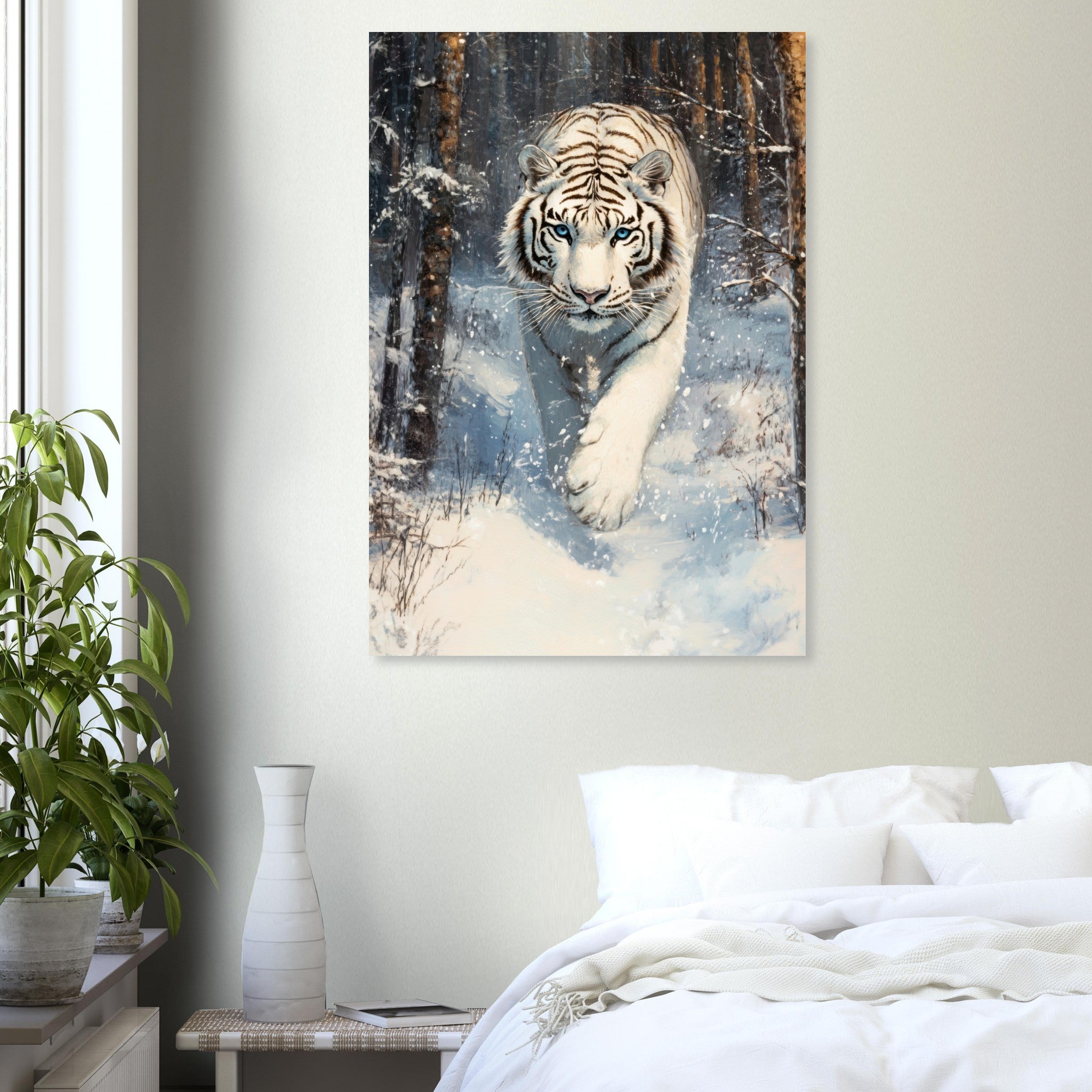 Aluminum Print Portrait - Majestic White Tiger in a Snowy Forest A powerful 2 - Shop Ai Art WebShop - Digital Art online Store