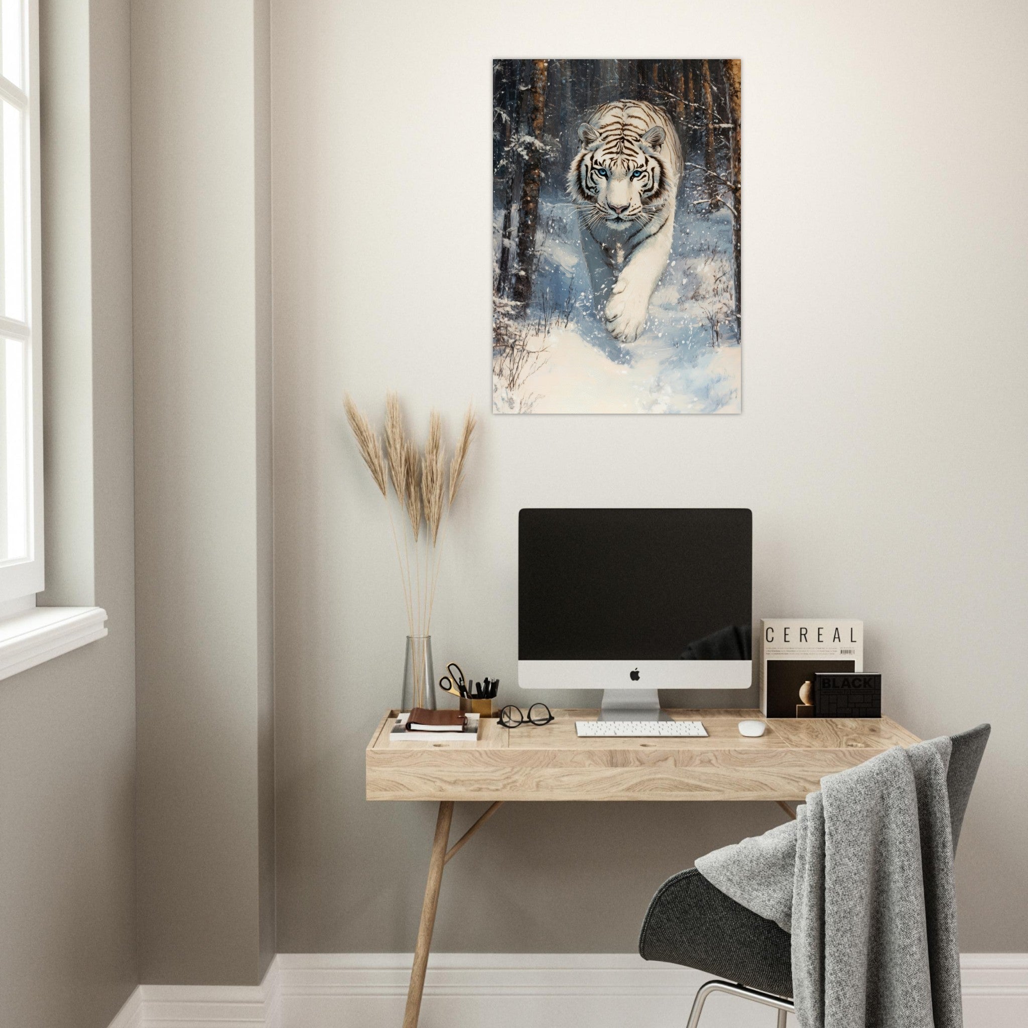 Aluminum Print Portrait - Majestic White Tiger in a Snowy Forest A powerful 2 - Shop Ai Art WebShop - Digital Art online Store