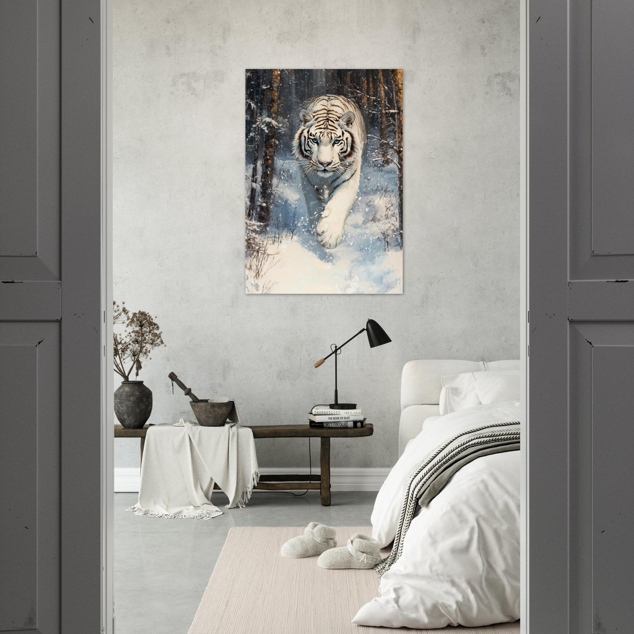 Aluminum Print Portrait - Majestic White Tiger in a Snowy Forest A powerful 2 - Shop Ai Art WebShop - Digital Art online Store