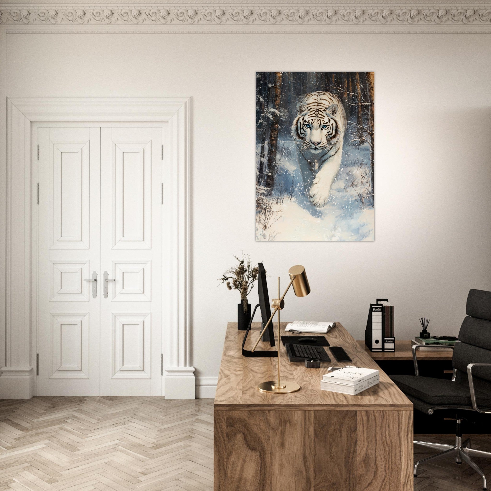 Aluminum Print Portrait - Majestic White Tiger in a Snowy Forest A powerful 2 - Shop Ai Art WebShop - Digital Art online Store