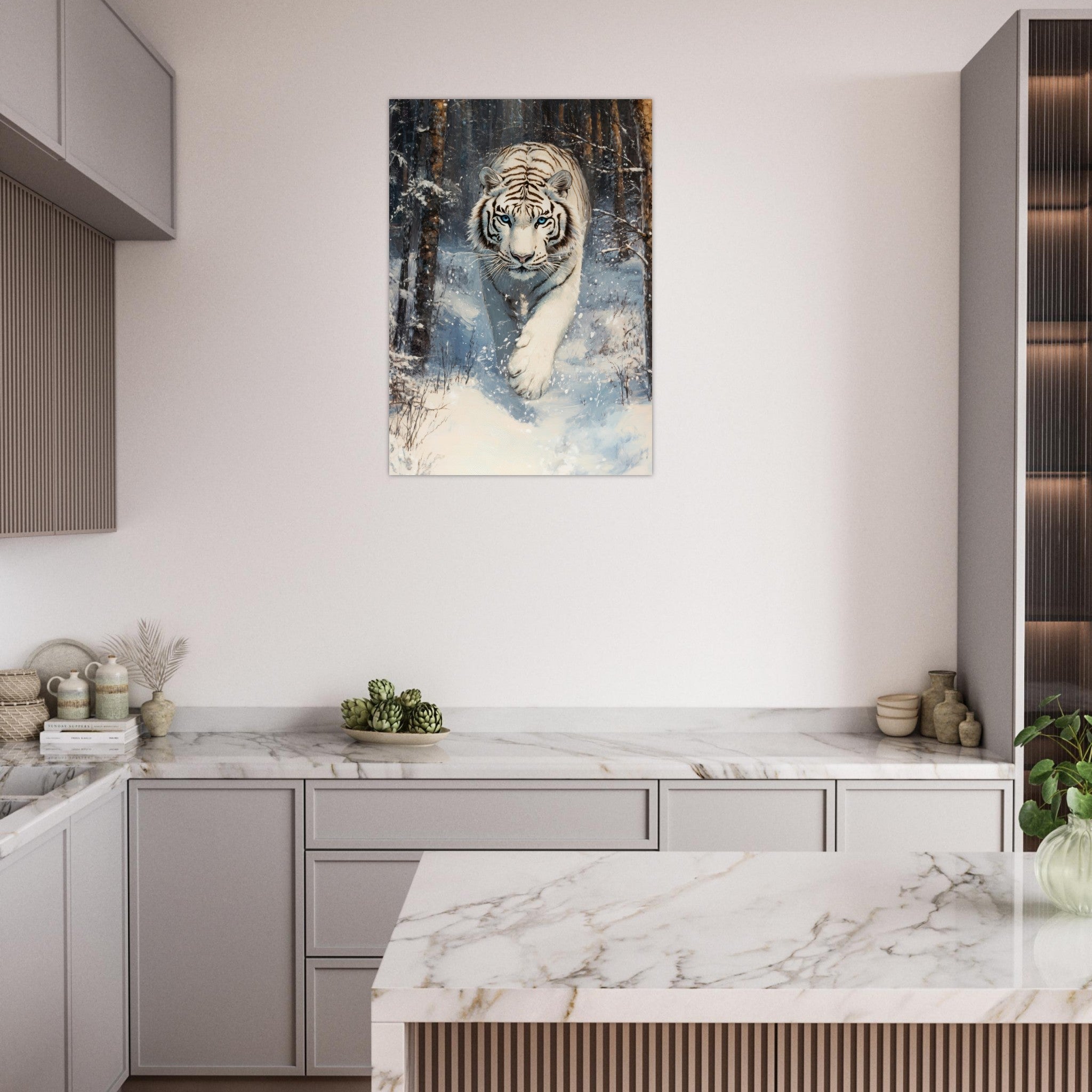 Aluminum Print Portrait - Majestic White Tiger in a Snowy Forest A powerful 2 - Shop Ai Art WebShop - Digital Art online Store