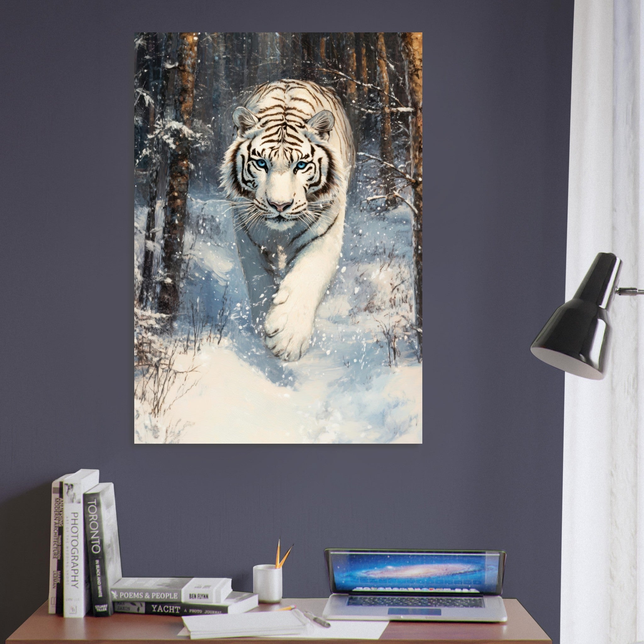 Aluminum Print Portrait - Majestic White Tiger in a Snowy Forest A powerful 2 - Shop Ai Art WebShop - Digital Art online Store