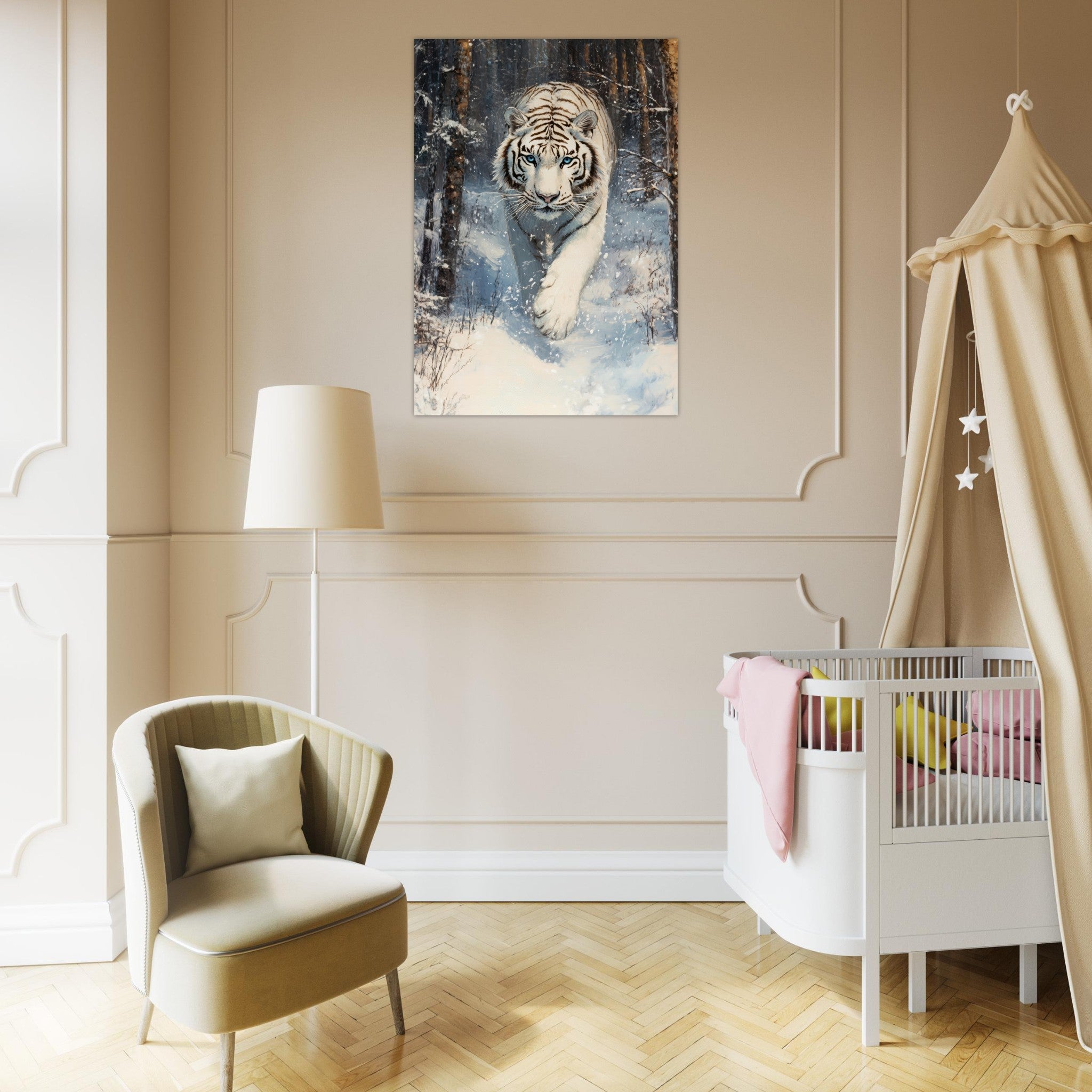 Aluminum Print Portrait - Majestic White Tiger in a Snowy Forest A powerful 2 - Shop Ai Art WebShop - Digital Art online Store