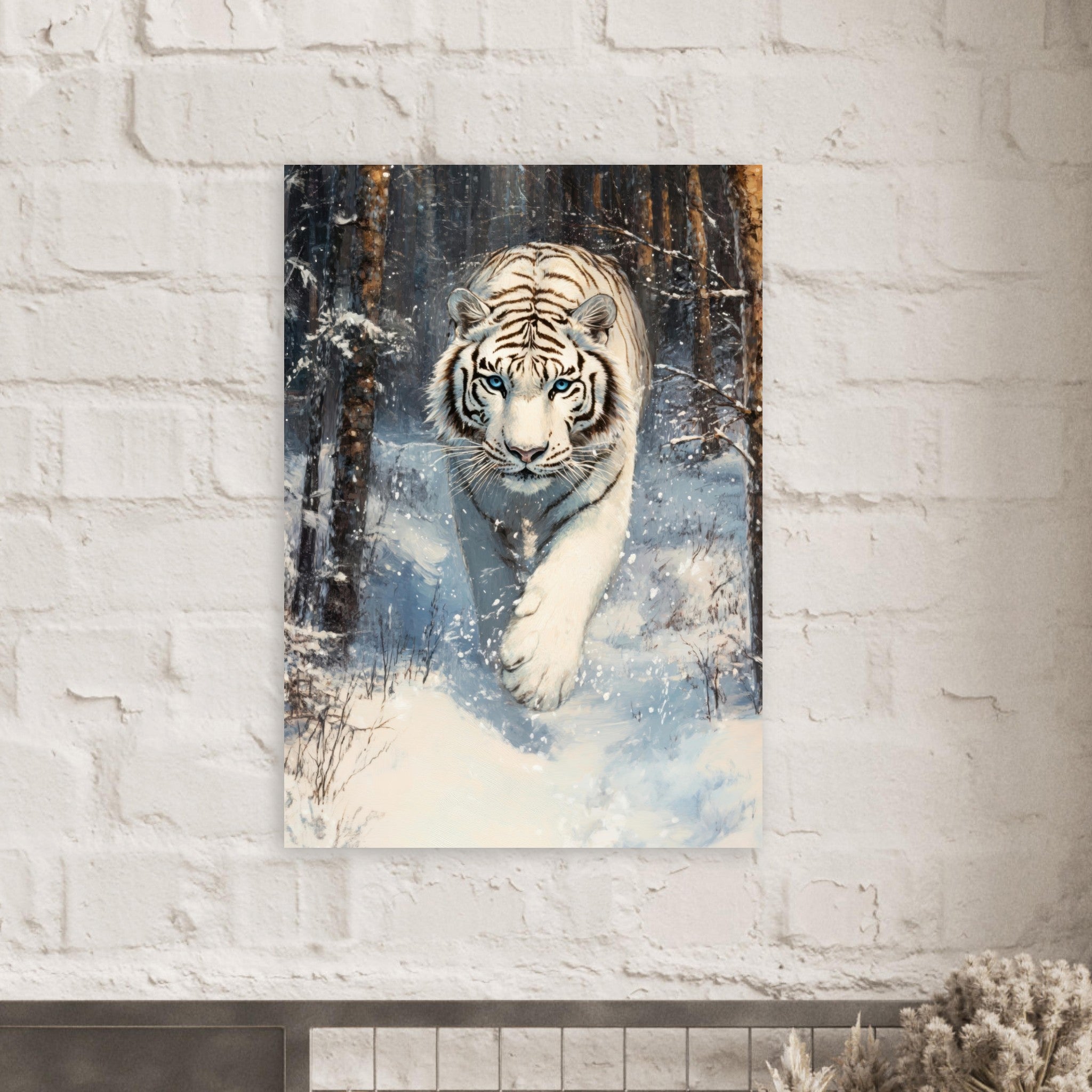 Aluminum Print Portrait - Majestic White Tiger in a Snowy Forest A powerful 2 - Shop Ai Art WebShop - Digital Art online Store