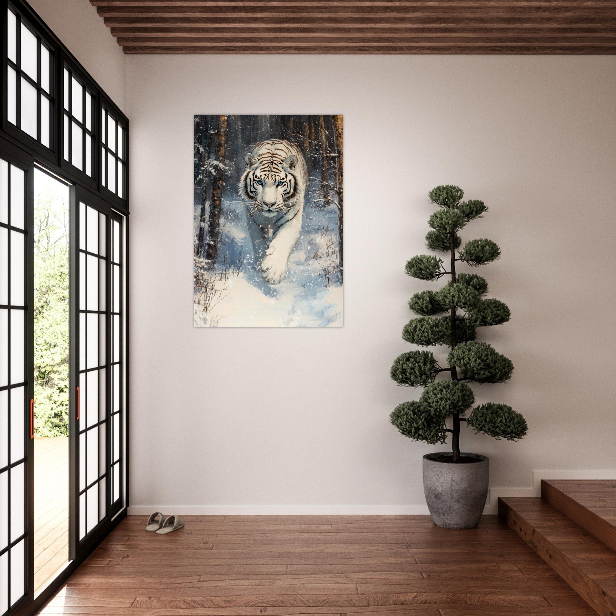Aluminum Print Portrait - Majestic White Tiger in a Snowy Forest A powerful 2 - Shop Ai Art WebShop - Digital Art online Store