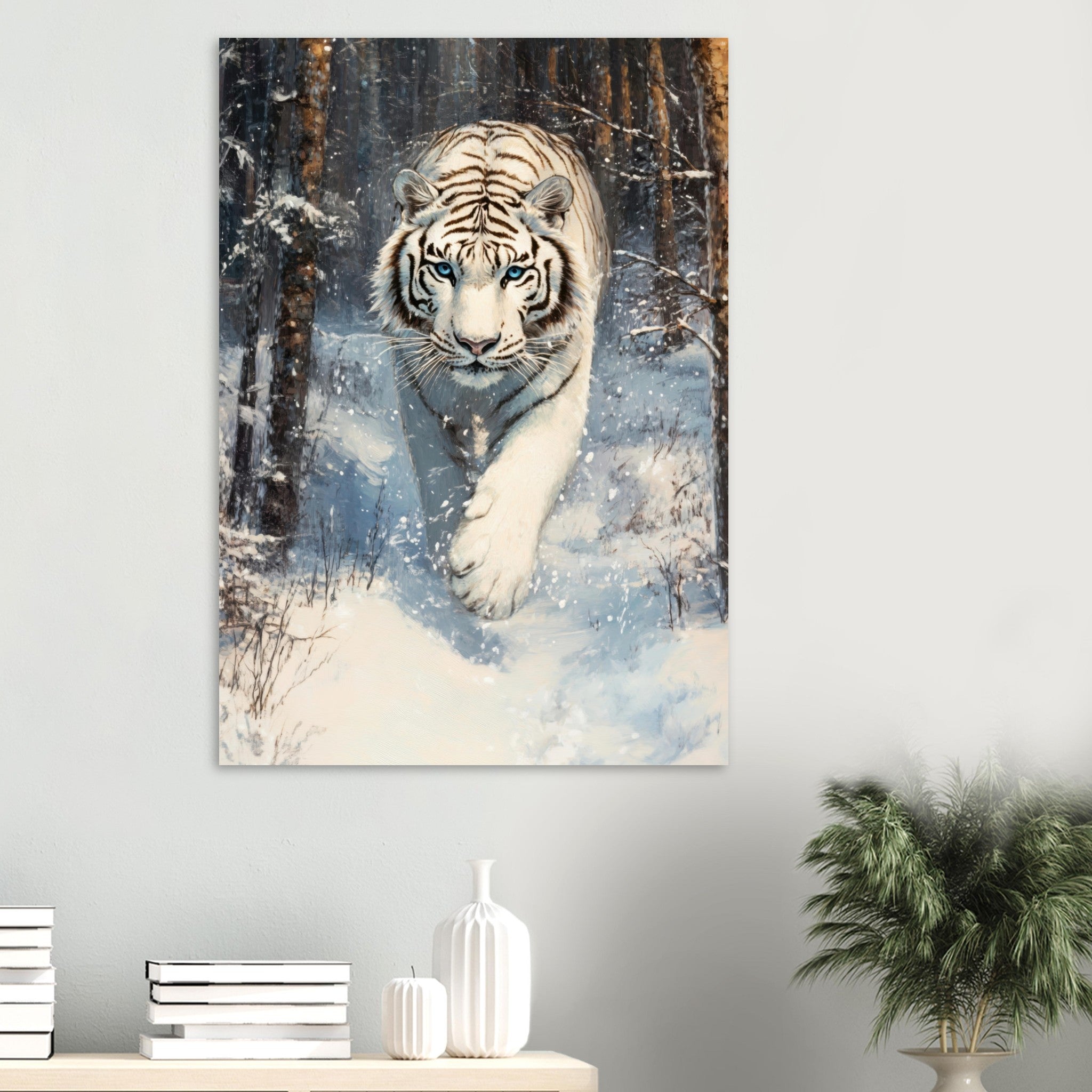 Aluminum Print Portrait - Majestic White Tiger in a Snowy Forest A powerful 2 - Shop Ai Art WebShop - Digital Art online Store