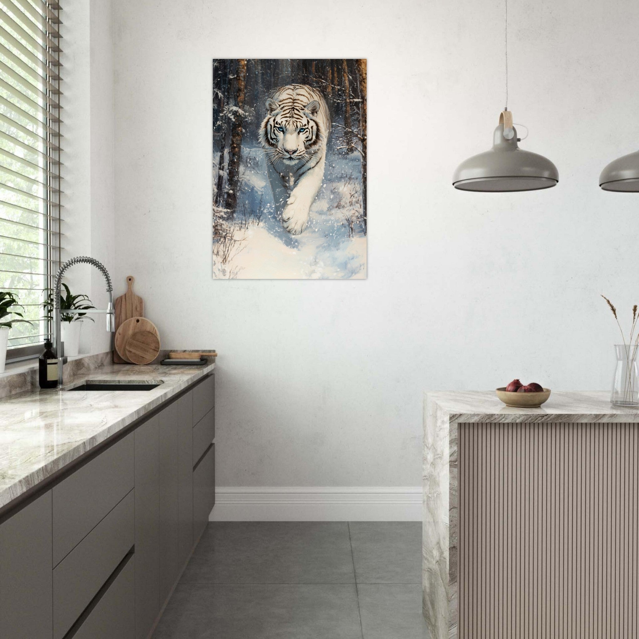 Aluminum Print Portrait - Majestic White Tiger in a Snowy Forest A powerful 2 - Shop Ai Art WebShop - Digital Art online Store