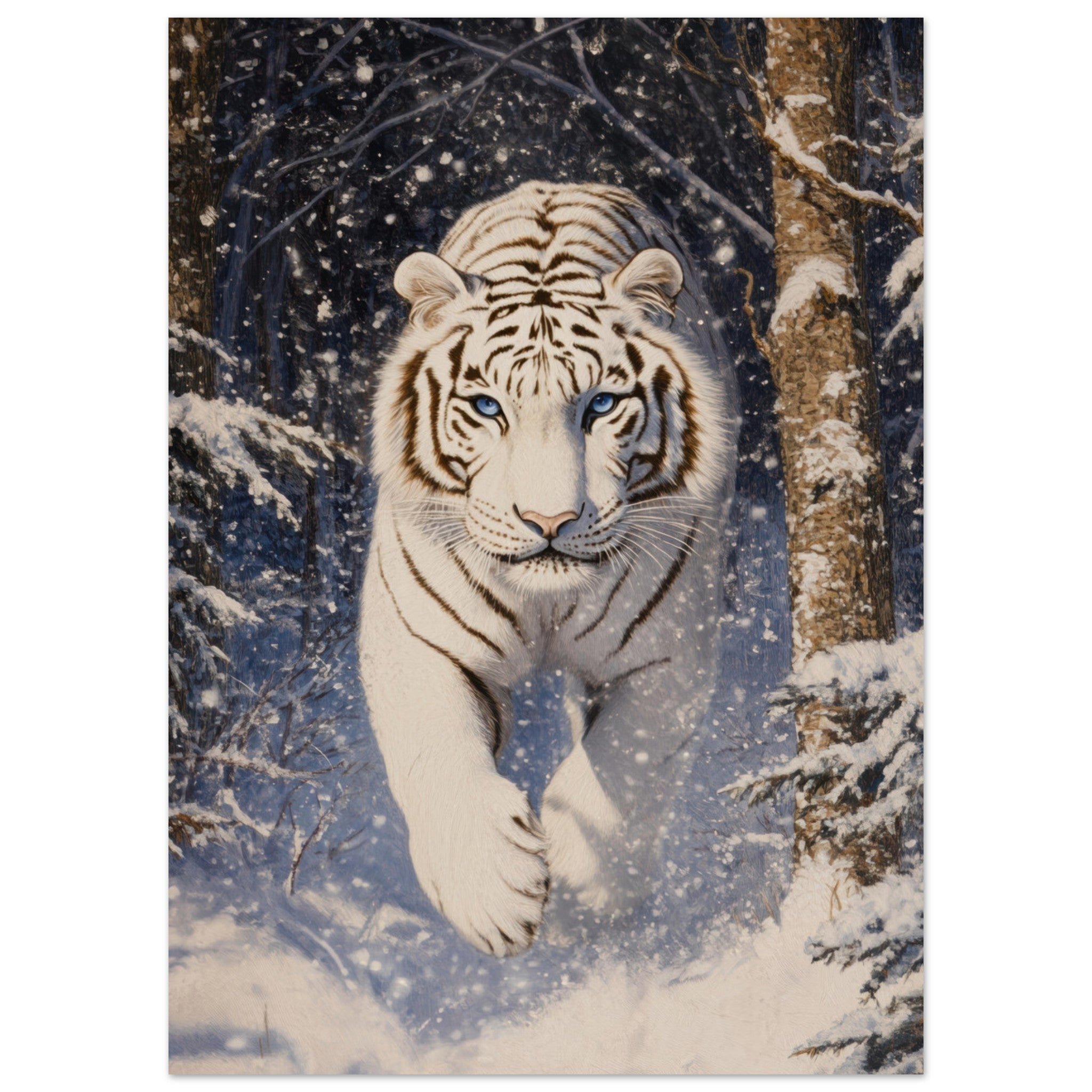 Aluminum Print Portrait - Majestic White Tiger in a Snowy Forest A powerful - Shop Ai Art WebShop - Digital Art online Store