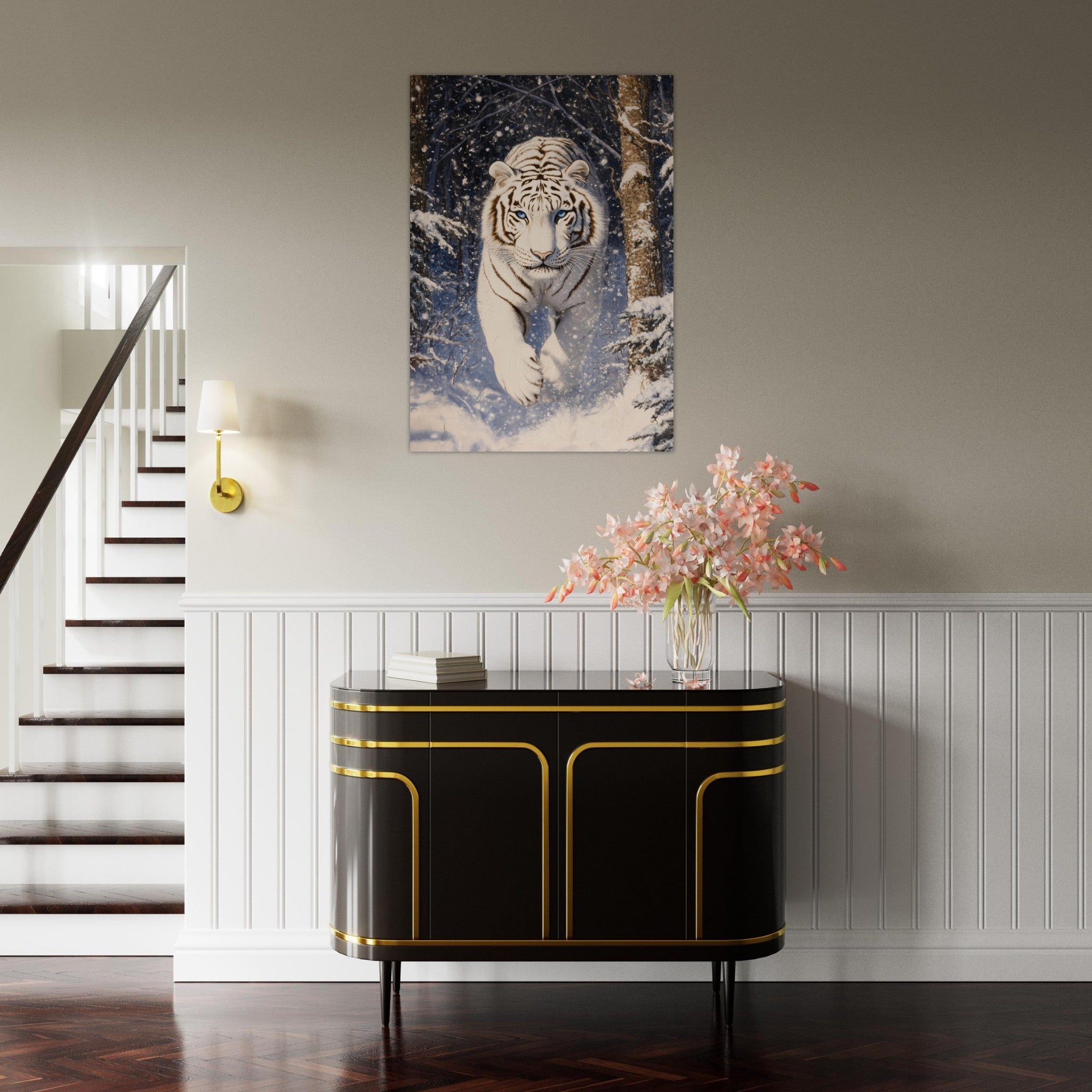 Aluminum Print Portrait - Majestic White Tiger in a Snowy Forest A powerful - Shop Ai Art WebShop - Digital Art online Store
