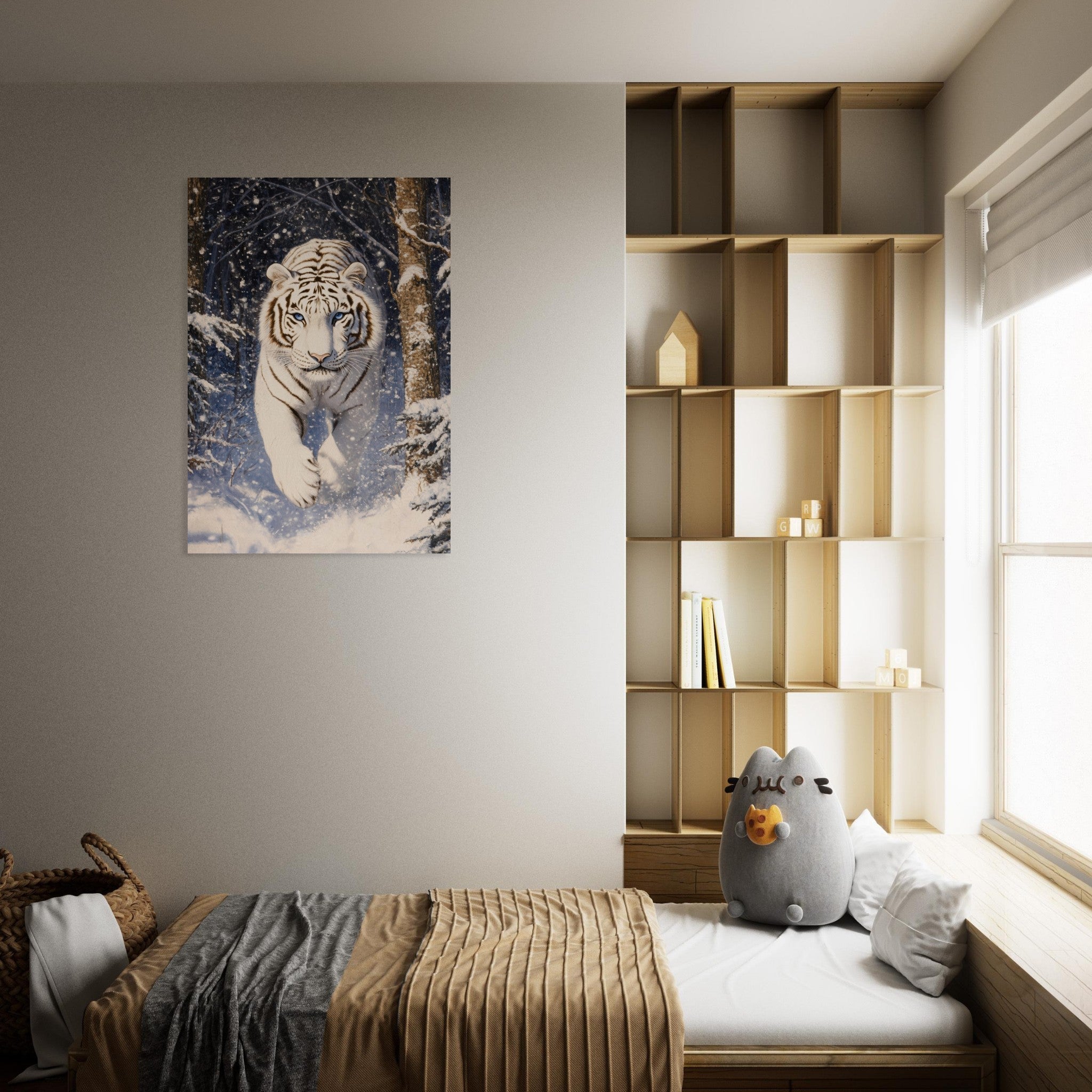 Aluminum Print Portrait - Majestic White Tiger in a Snowy Forest A powerful - Shop Ai Art WebShop - Digital Art online Store