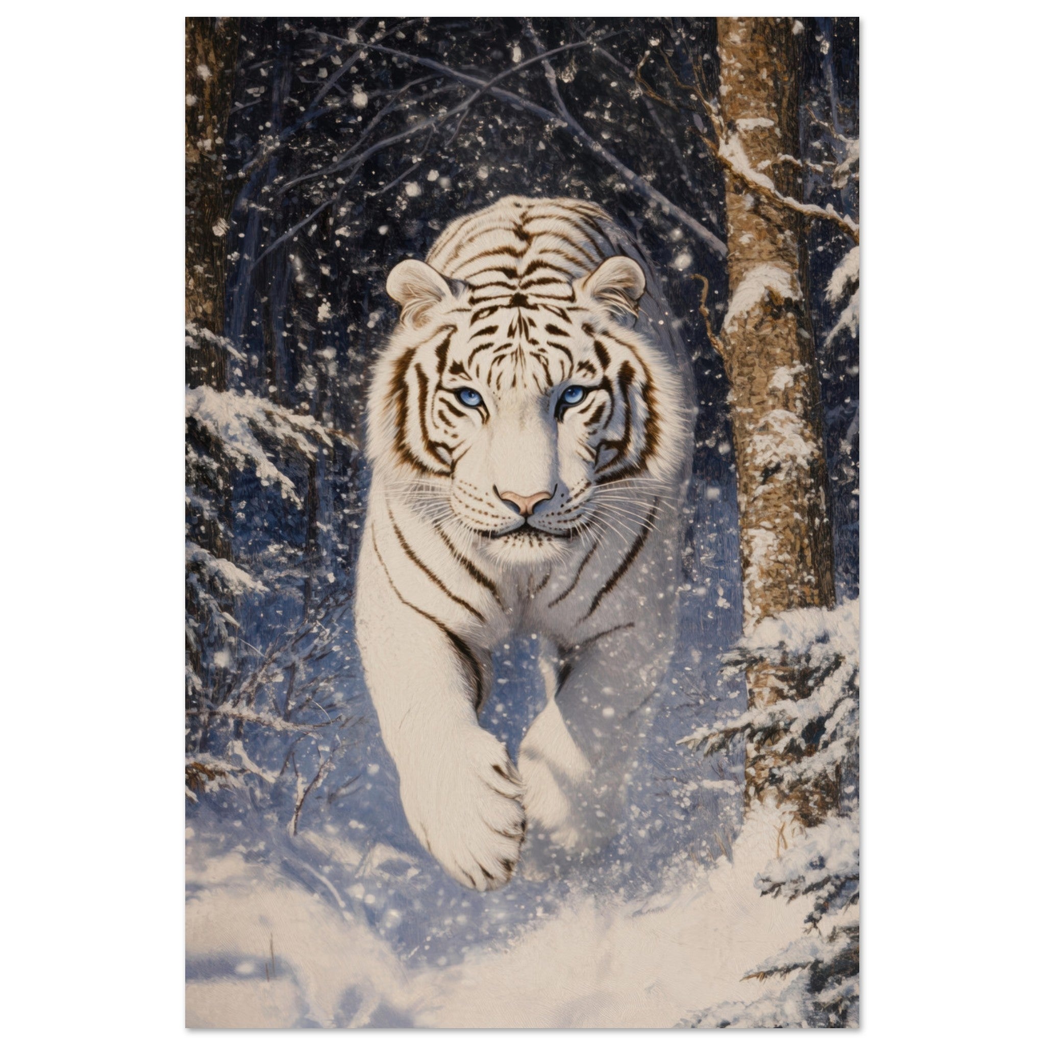 Aluminum Print Portrait - Majestic White Tiger in a Snowy Forest A powerful - Shop Ai Art WebShop - Digital Art online Store
