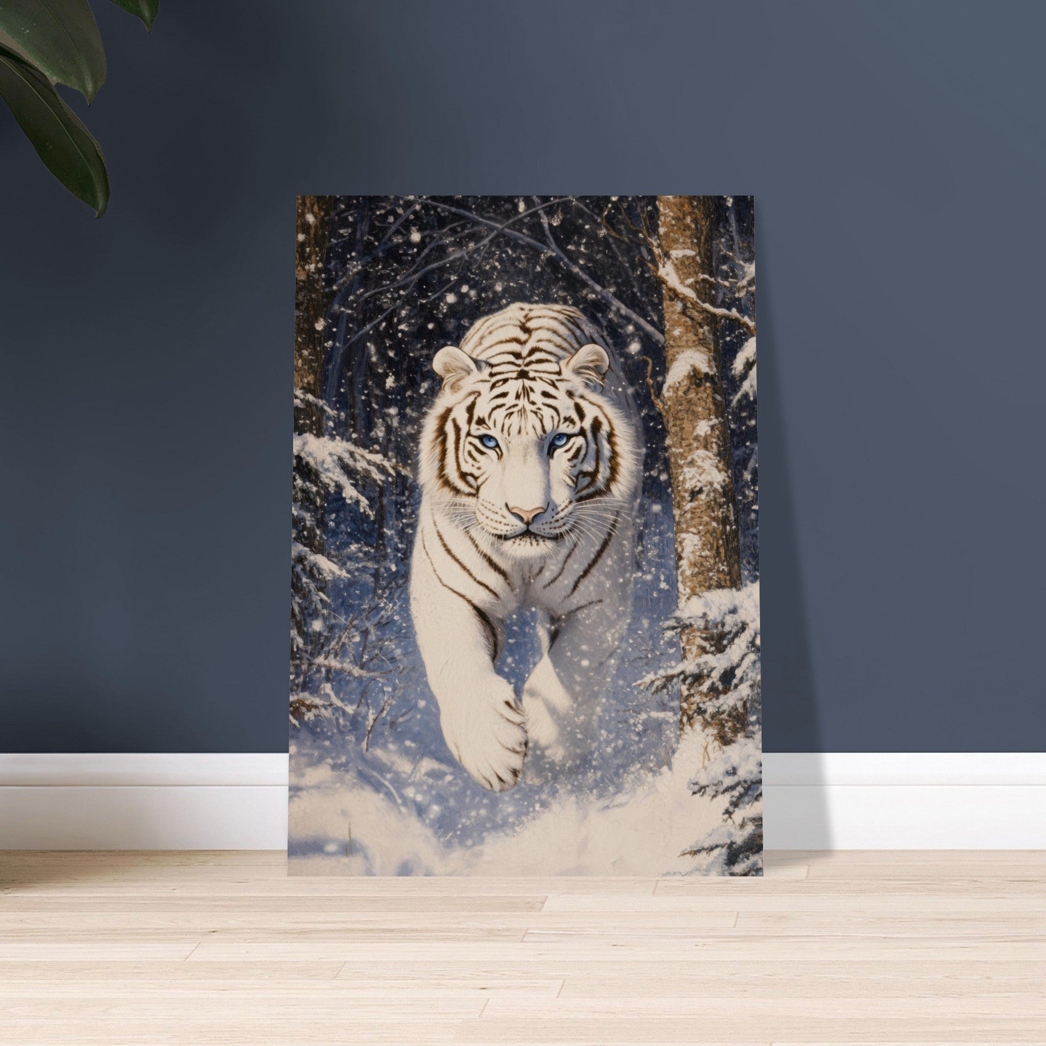 Aluminum Print Portrait - Majestic White Tiger in a Snowy Forest A powerful - Shop Ai Art WebShop - Digital Art online Store