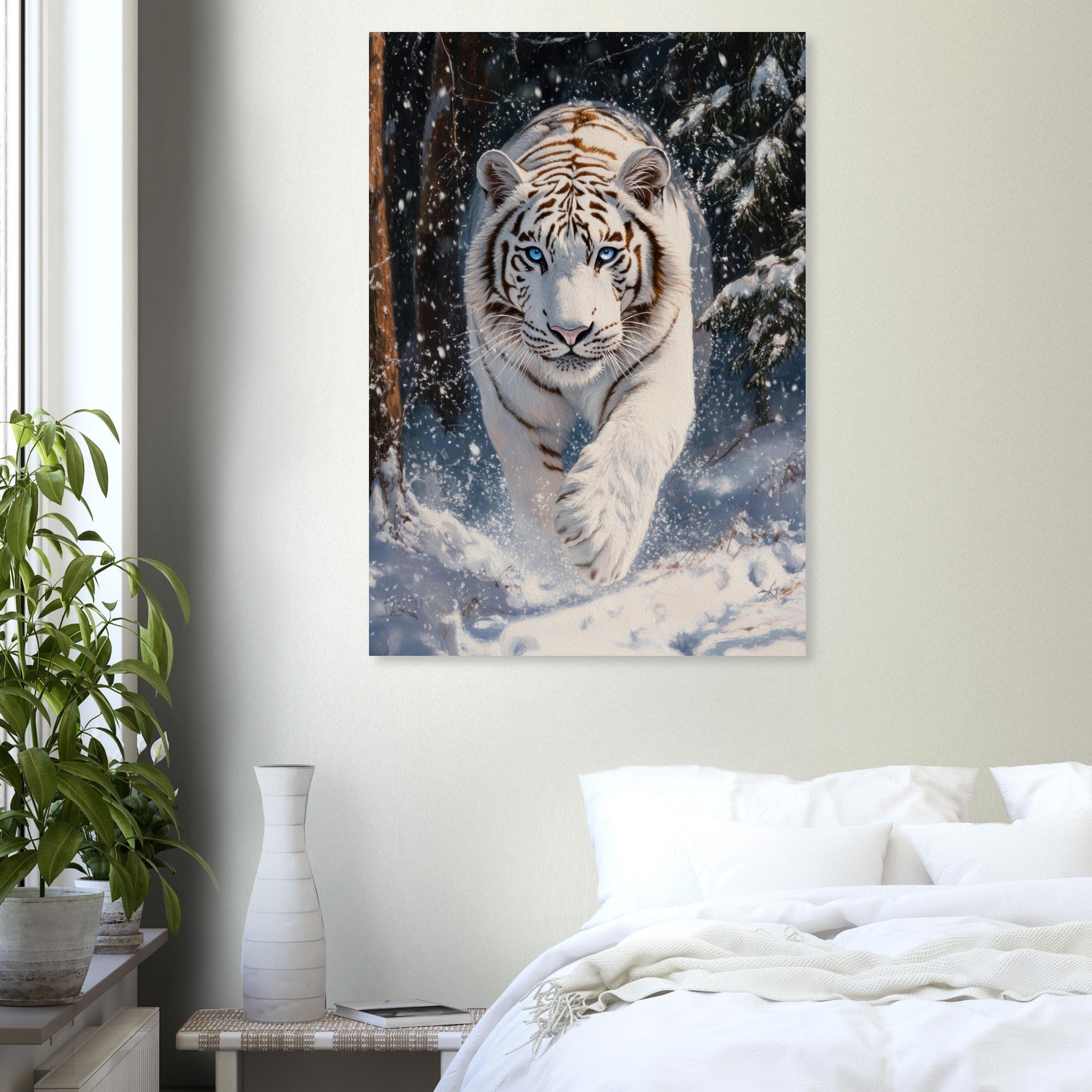 Aluminum Print Portrait - Majestic White Tiger in a Snowy Forest A powerful 3 - Shop Ai Art WebShop - Digital Art online Store