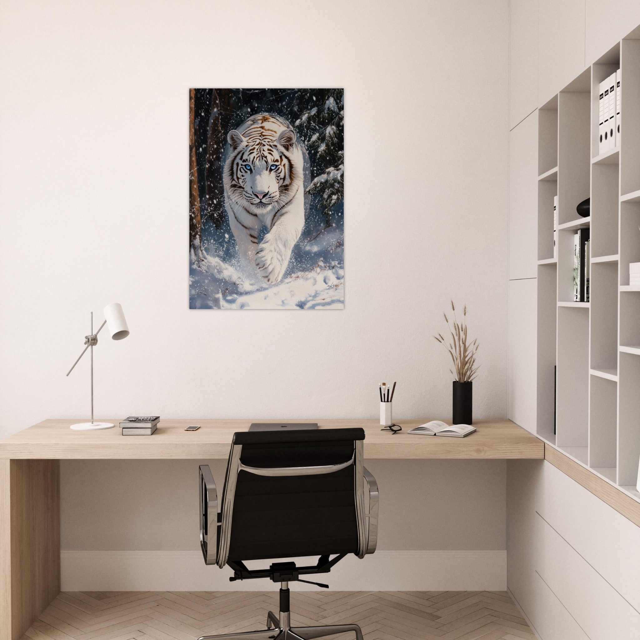 Aluminum Print Portrait - Majestic White Tiger in a Snowy Forest A powerful 3 - Shop Ai Art WebShop - Digital Art online Store