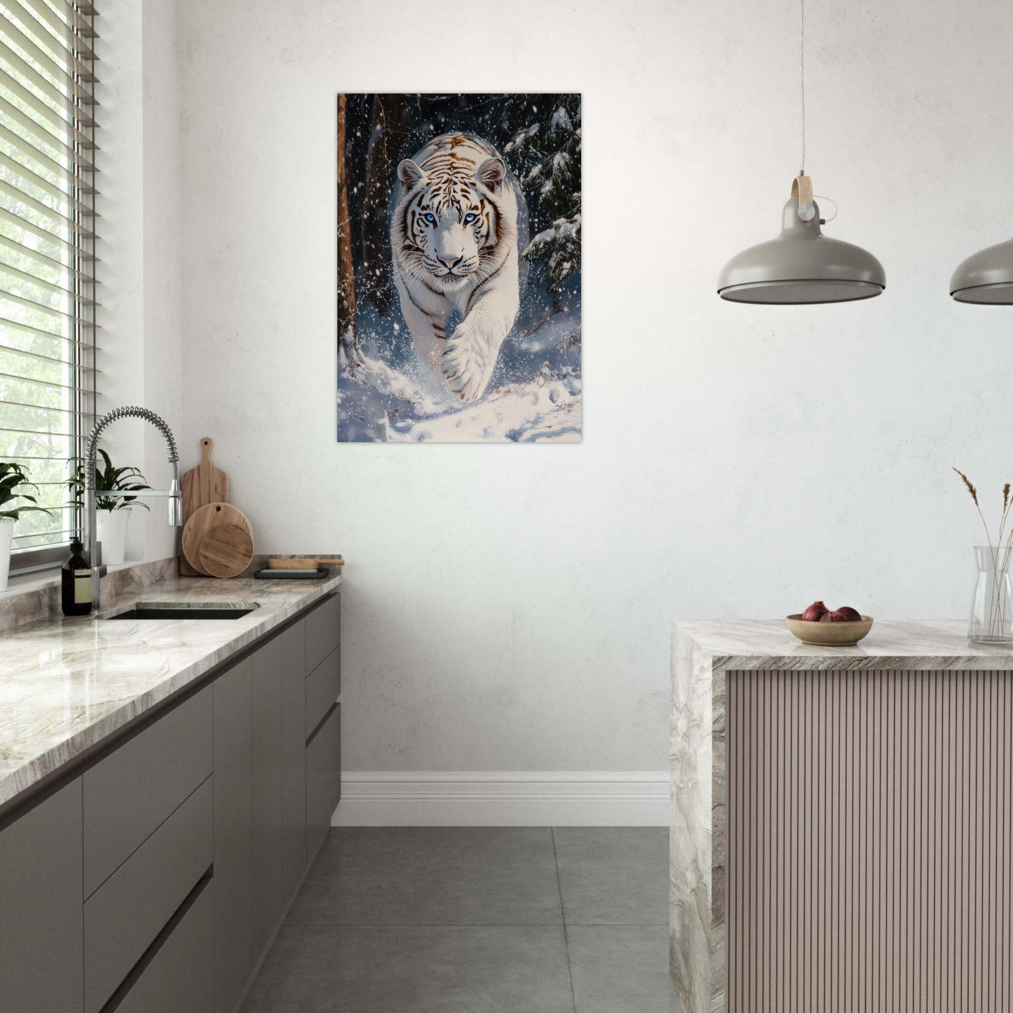 Aluminum Print Portrait - Majestic White Tiger in a Snowy Forest A powerful 3 - Shop Ai Art WebShop - Digital Art online Store