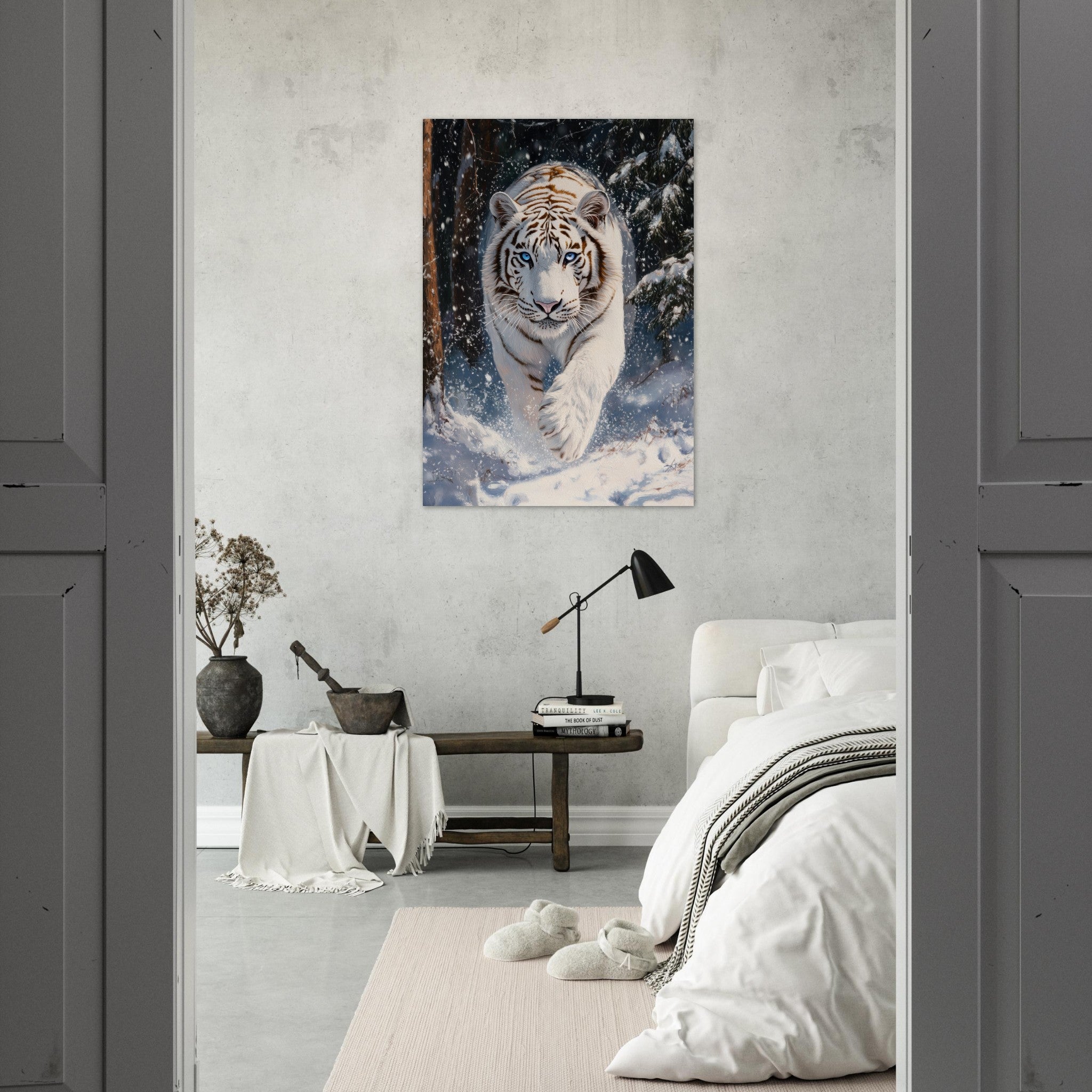 Aluminum Print Portrait - Majestic White Tiger in a Snowy Forest A powerful 3 - Shop Ai Art WebShop - Digital Art online Store