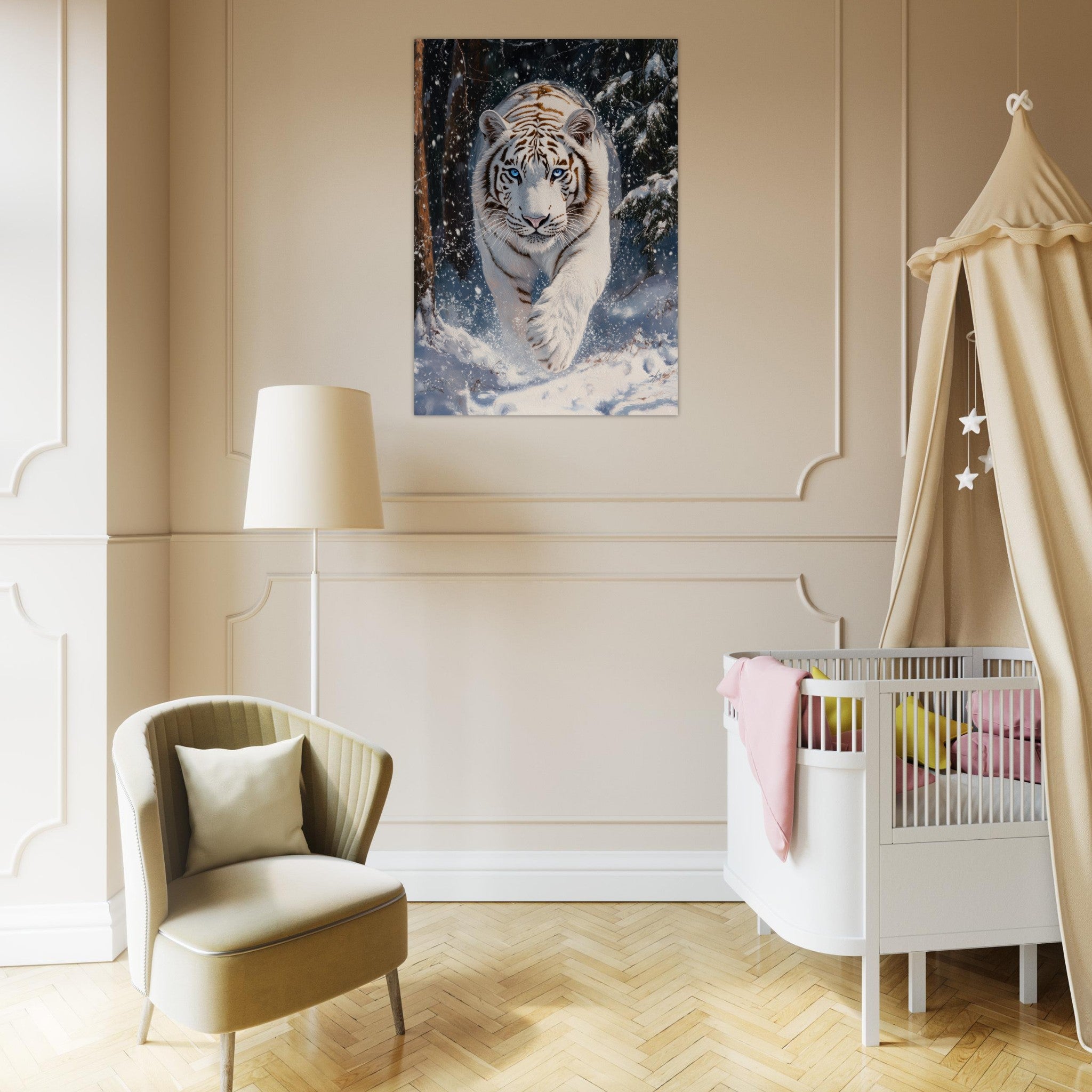 Aluminum Print Portrait - Majestic White Tiger in a Snowy Forest A powerful 3 - Shop Ai Art WebShop - Digital Art online Store
