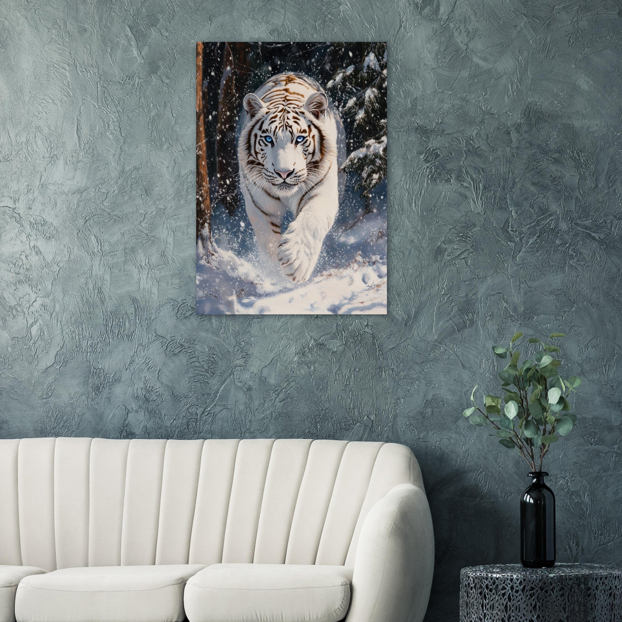 Aluminum Print Portrait - Majestic White Tiger in a Snowy Forest A powerful 3 - Shop Ai Art WebShop - Digital Art online Store