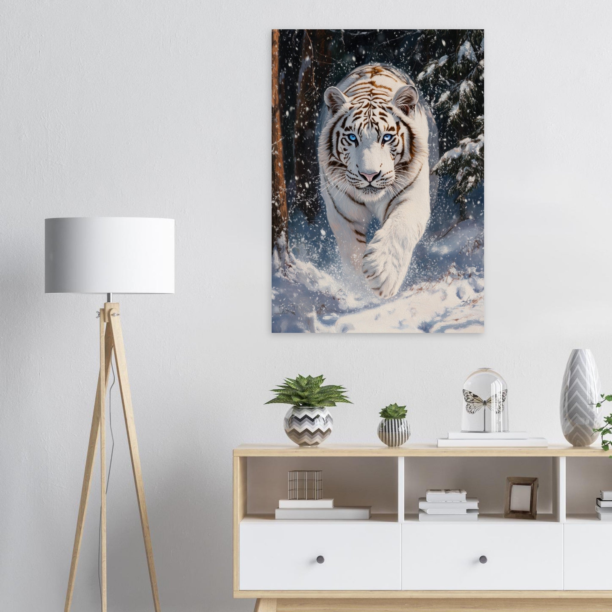 Aluminum Print Portrait - Majestic White Tiger in a Snowy Forest A powerful 3 - Shop Ai Art WebShop - Digital Art online Store