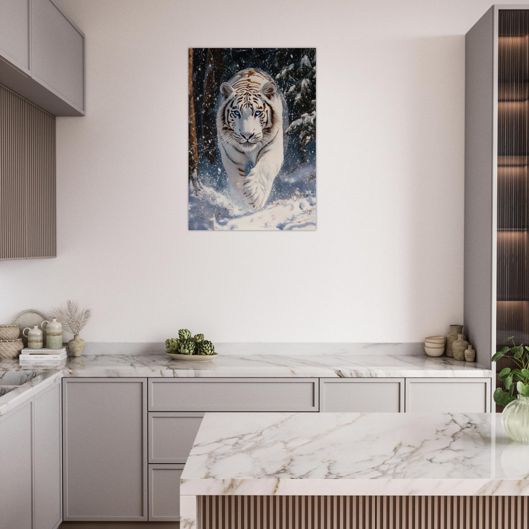 Aluminum Print Portrait - Majestic White Tiger in a Snowy Forest A powerful 3 - Shop Ai Art WebShop - Digital Art online Store
