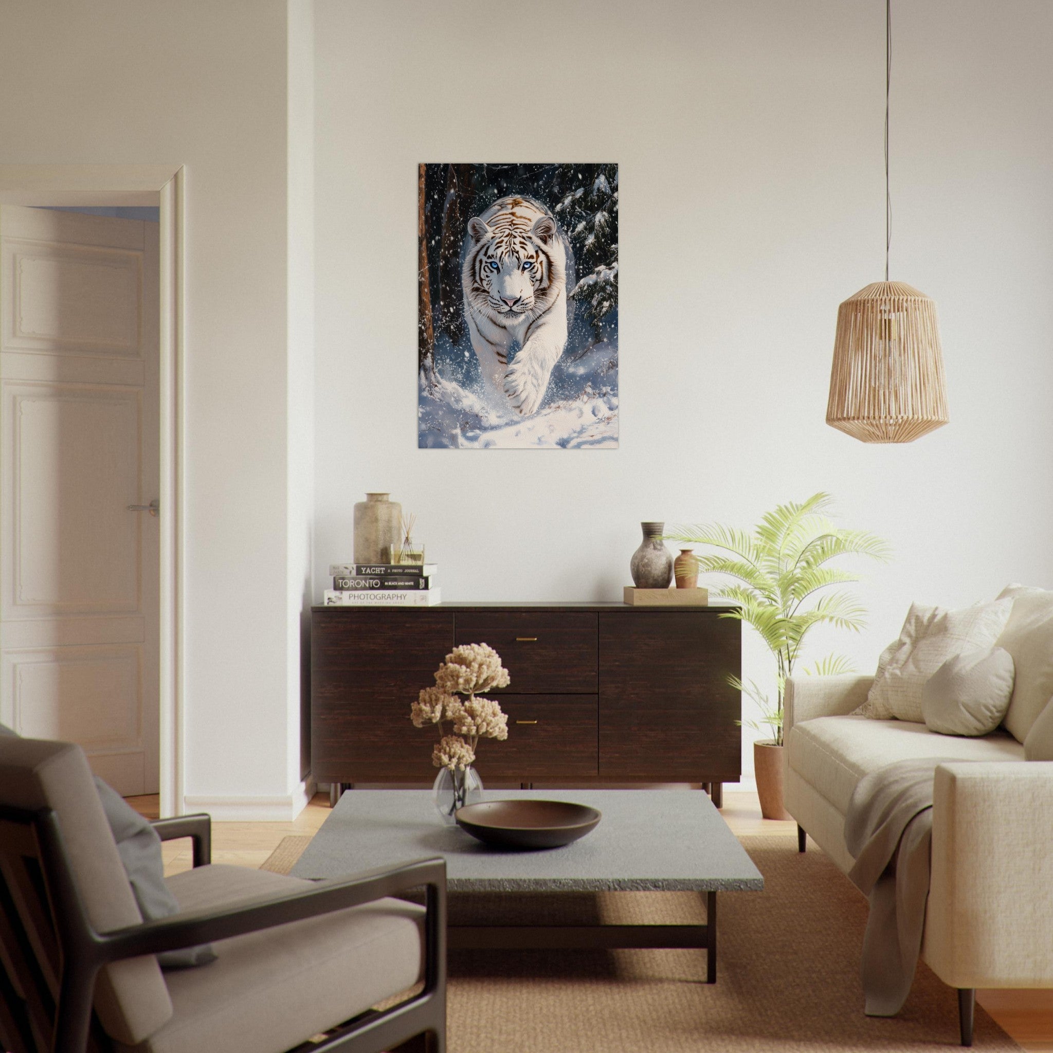 Aluminum Print Portrait - Majestic White Tiger in a Snowy Forest A powerful 3 - Shop Ai Art WebShop - Digital Art online Store