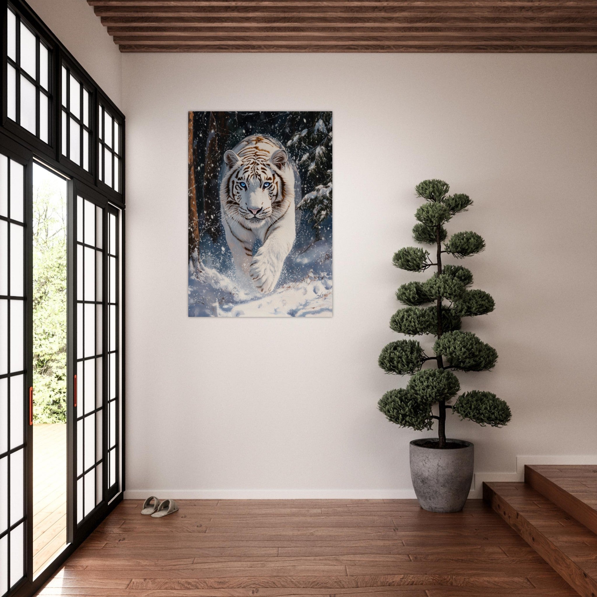 Aluminum Print Portrait - Majestic White Tiger in a Snowy Forest A powerful 3 - Shop Ai Art WebShop - Digital Art online Store