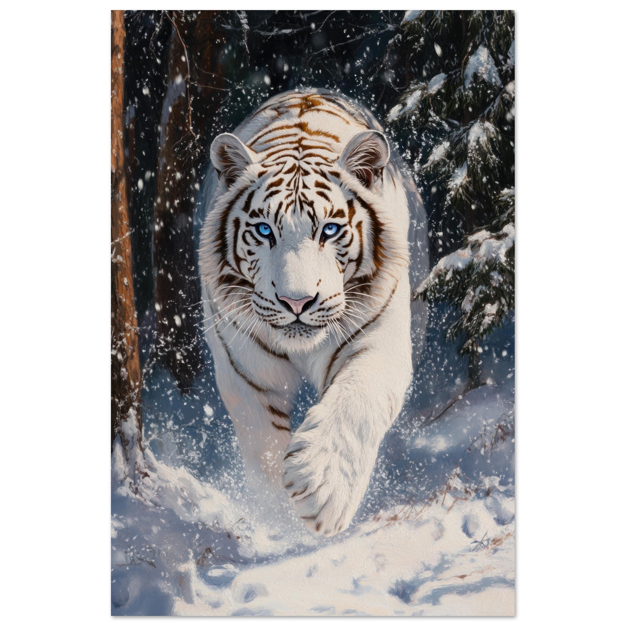 Aluminum Print Portrait - Majestic White Tiger in a Snowy Forest A powerful 3 - Shop Ai Art WebShop - Digital Art online Store