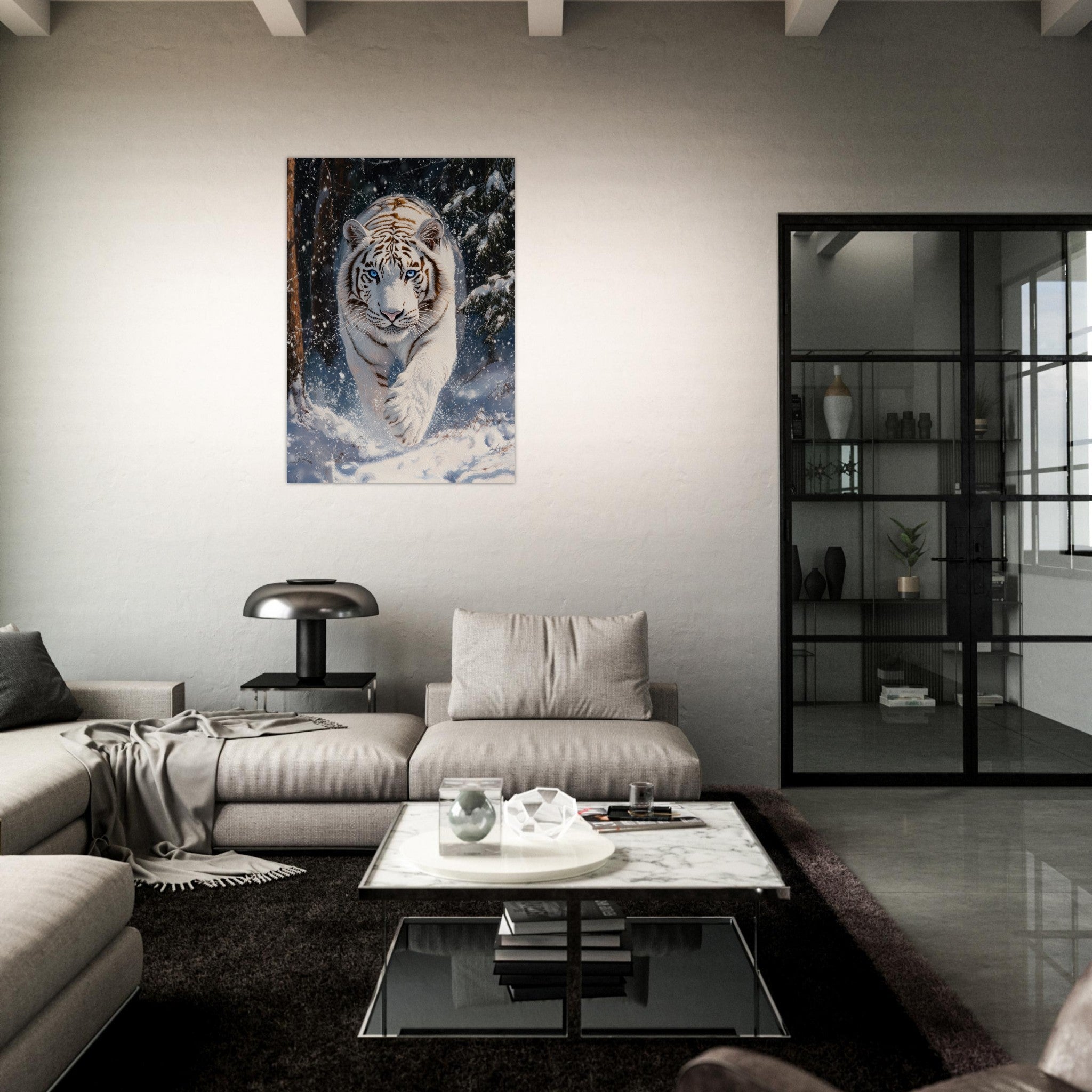 Aluminum Print Portrait - Majestic White Tiger in a Snowy Forest A powerful 3 - Shop Ai Art WebShop - Digital Art online Store