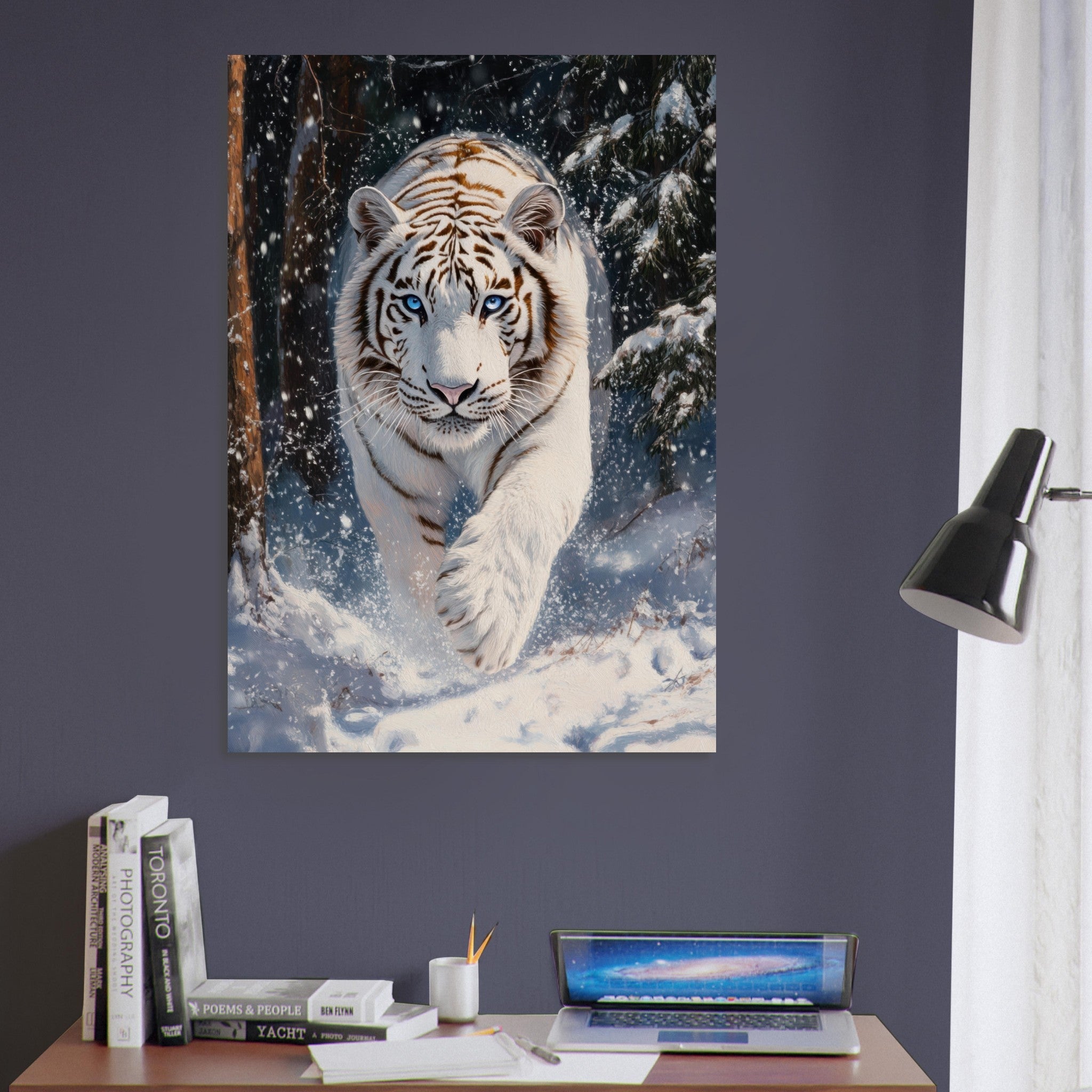Aluminum Print Portrait - Majestic White Tiger in a Snowy Forest A powerful 3 - Shop Ai Art WebShop - Digital Art online Store