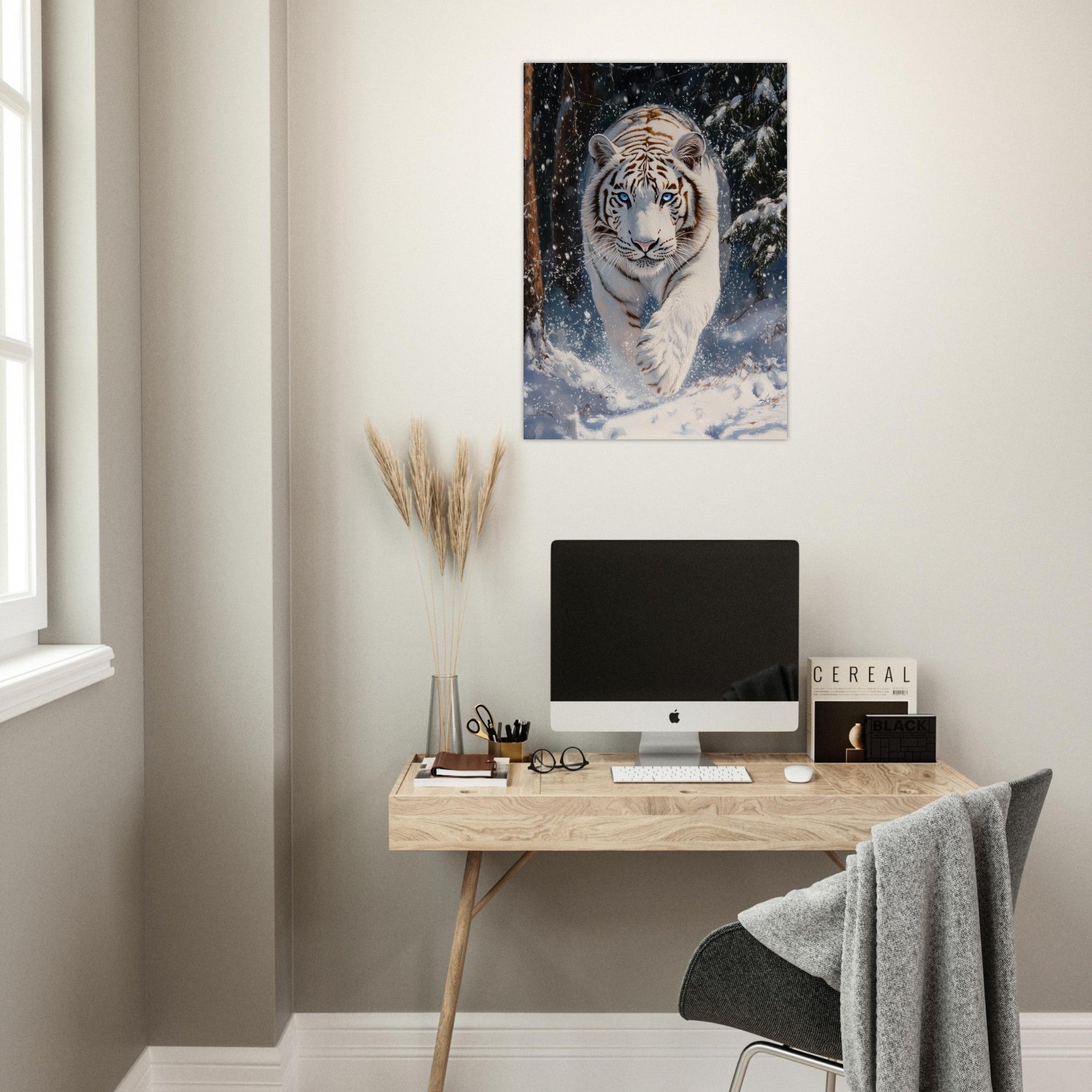 Aluminum Print Portrait - Majestic White Tiger in a Snowy Forest A powerful 3 - Shop Ai Art WebShop - Digital Art online Store