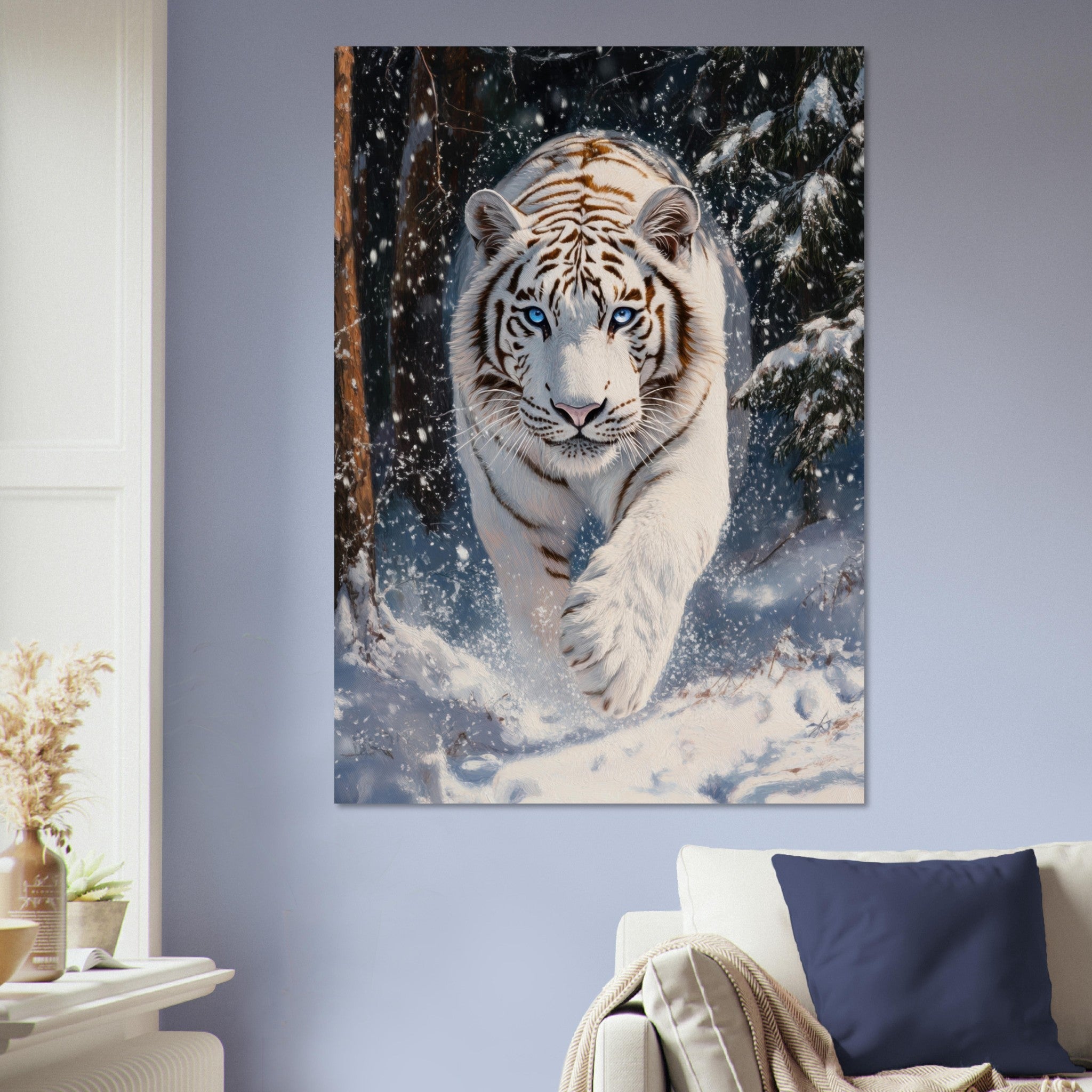 Aluminum Print Portrait - Majestic White Tiger in a Snowy Forest A powerful 3 - Shop Ai Art WebShop - Digital Art online Store