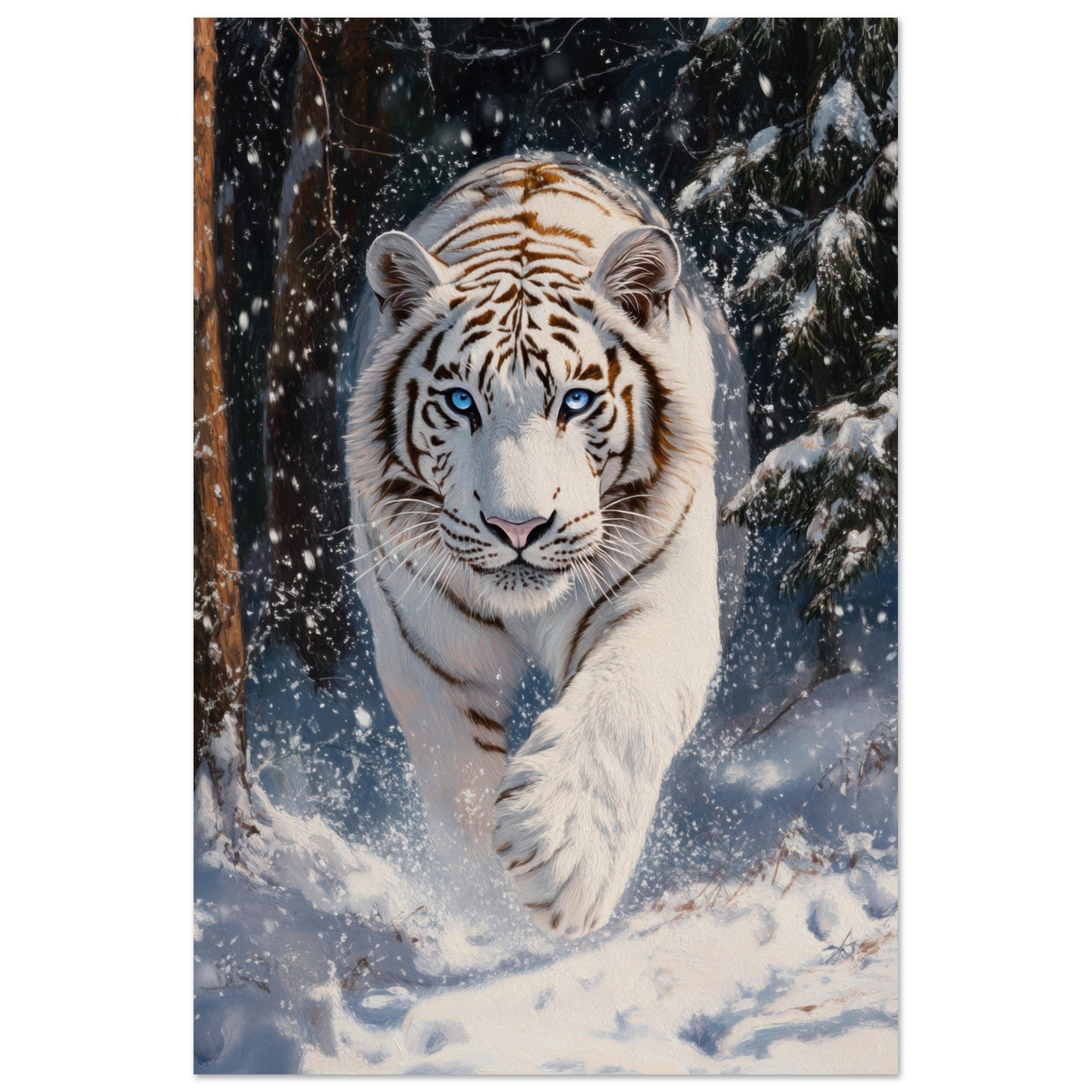 Aluminum Print Portrait - Majestic White Tiger in a Snowy Forest A powerful 3 - Shop Ai Art WebShop - Digital Art online Store