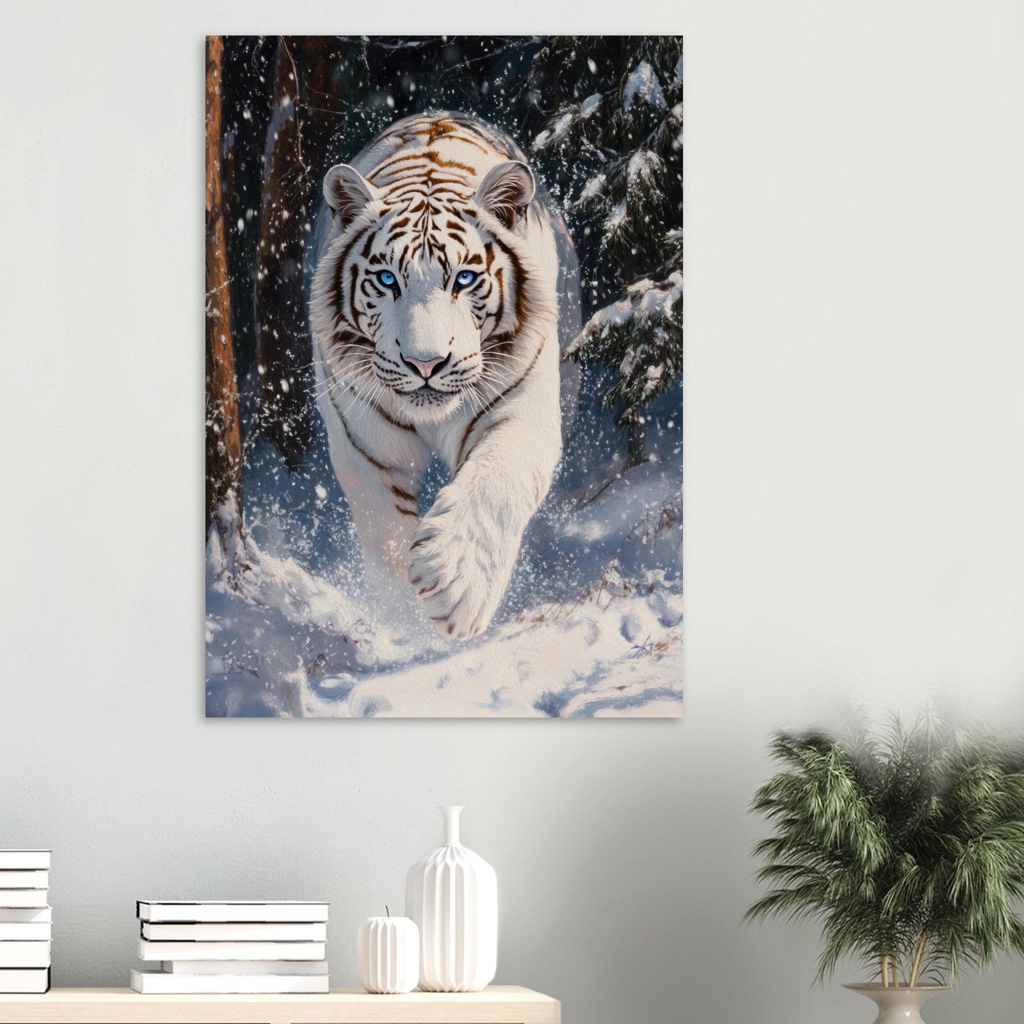 Aluminum Print Portrait - Majestic White Tiger in a Snowy Forest A powerful 3 - Shop Ai Art WebShop - Digital Art online Store